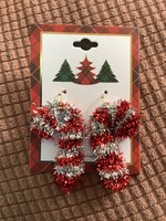 Holiday Novelty Candy Cane Tinsel Drop Statement Earrings - Red