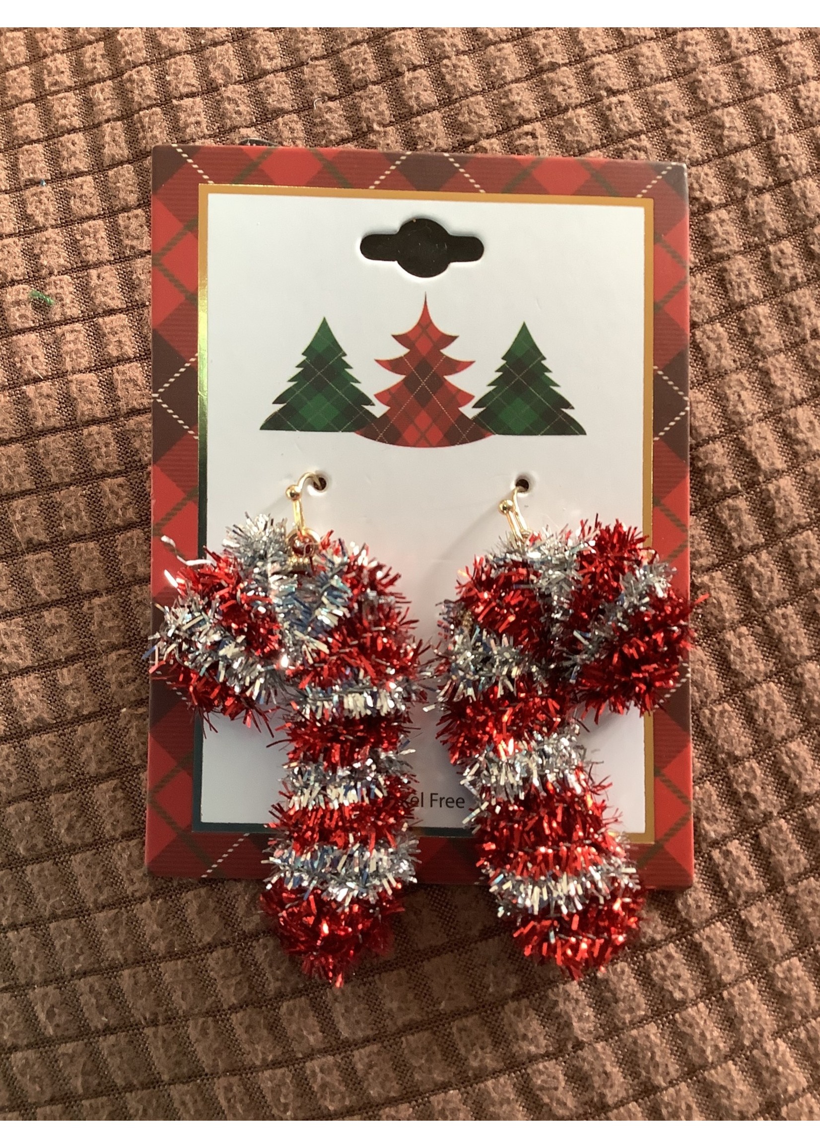 Holiday Novelty Candy Cane Tinsel Drop Statement Earrings - Red