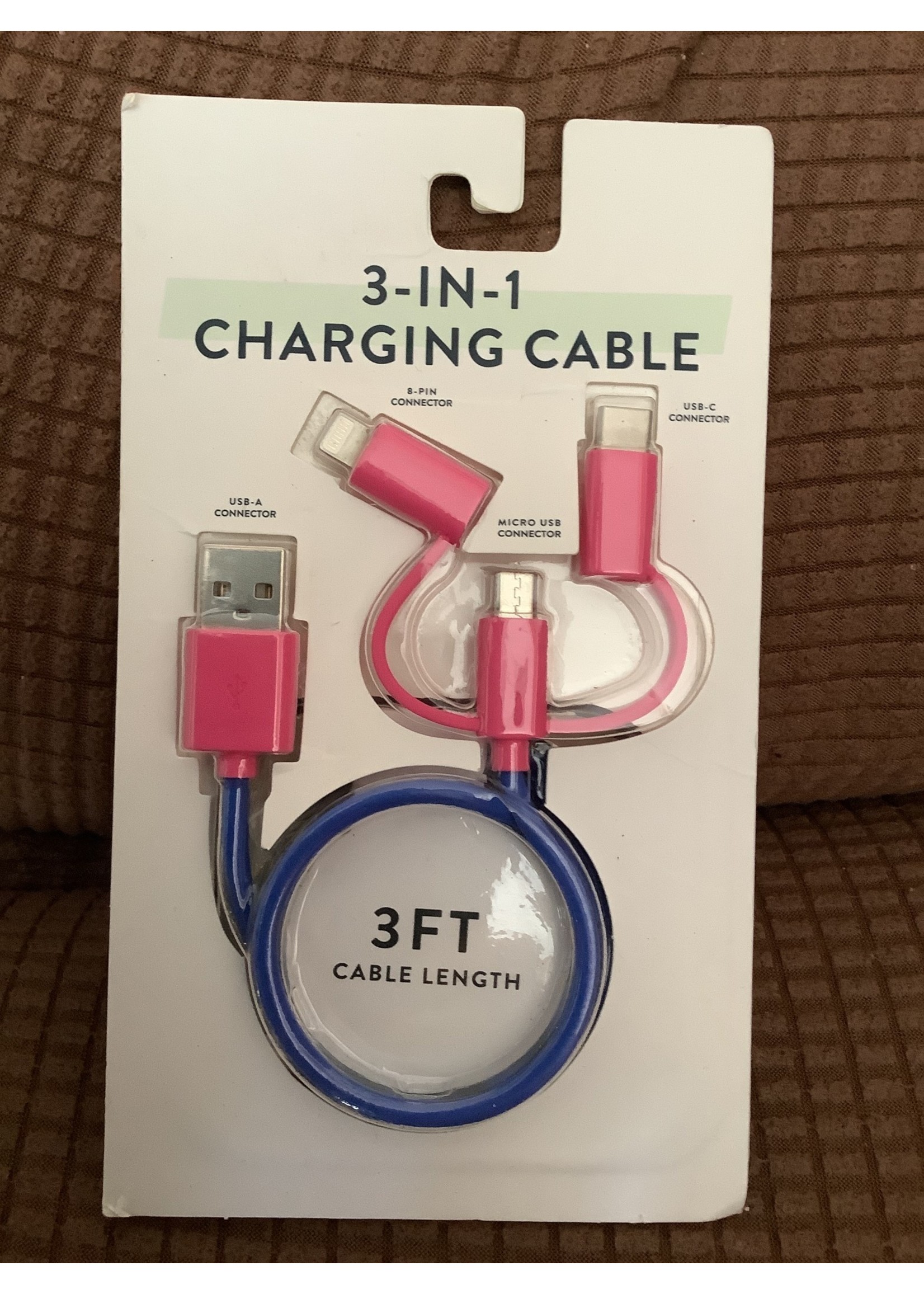3–in-1 3ft Charging Cable USB-A, Micro USB, USB-C, 8 Pin Lightning Pink/Blue