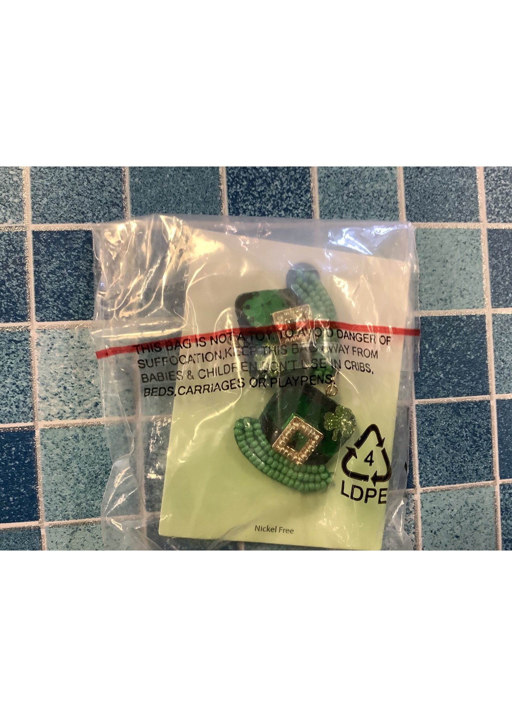 Sequin and Seed Bead Leprechaun Hat Drop Earrings-Assorted Greens