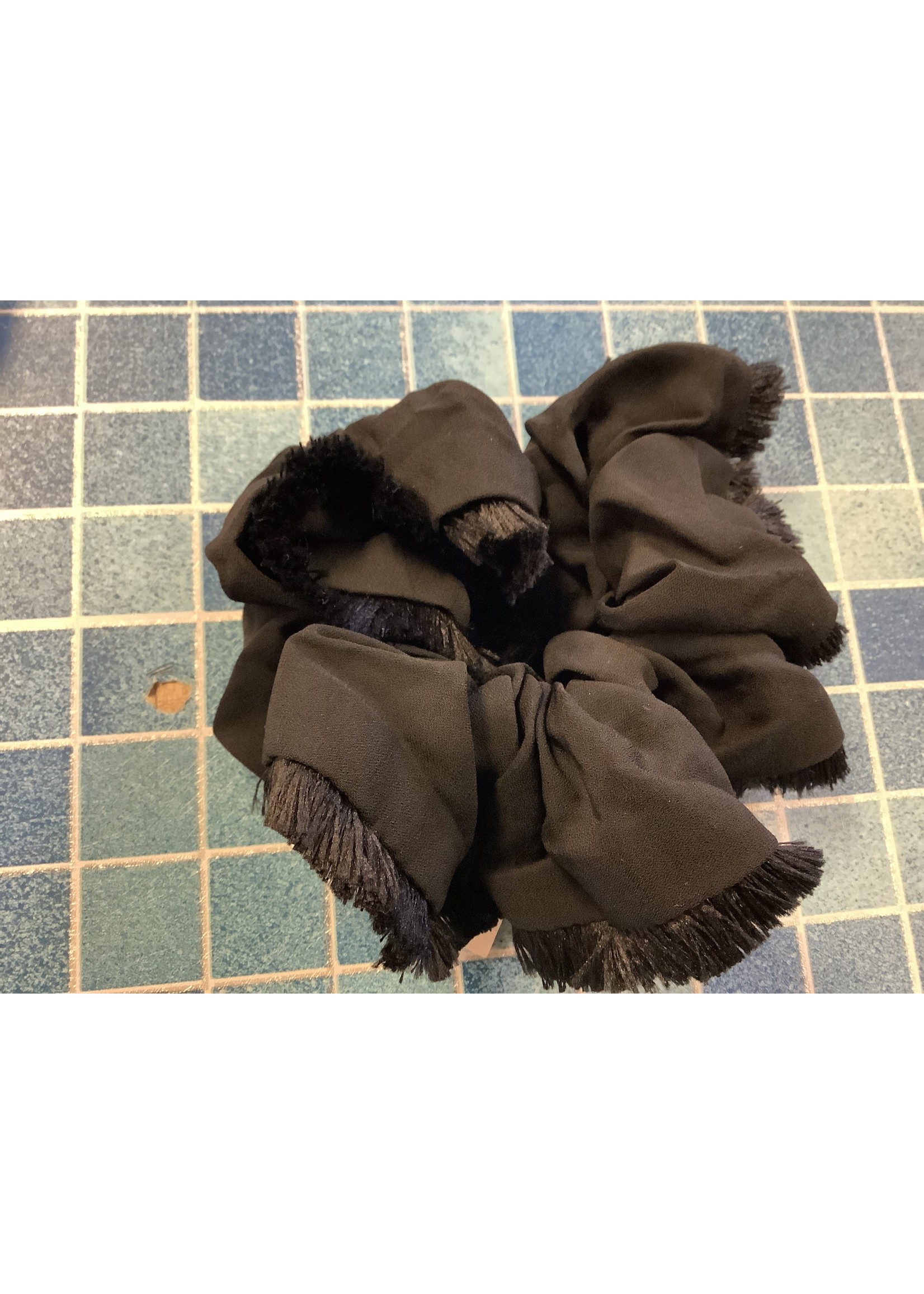 Silk black fringed scrunchie