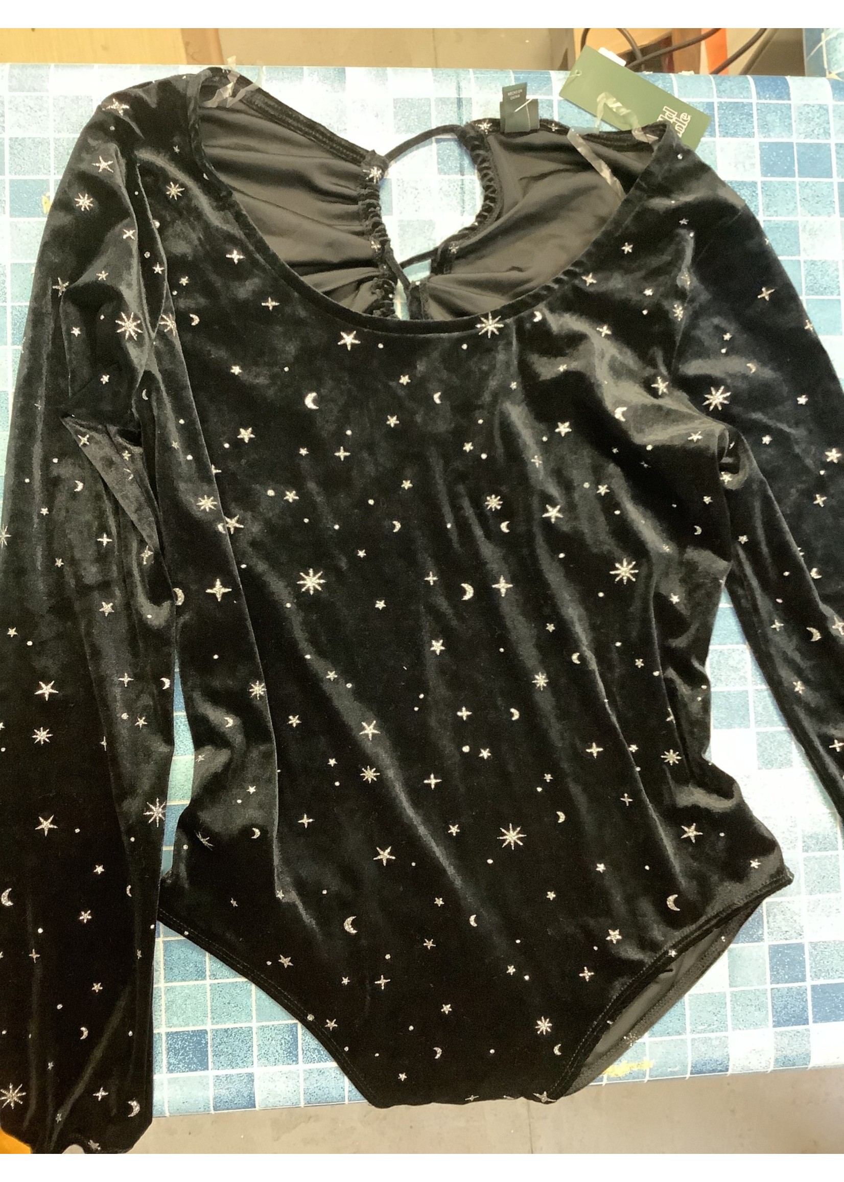 Black Body Suit With Silver Stars Size XL Open Back