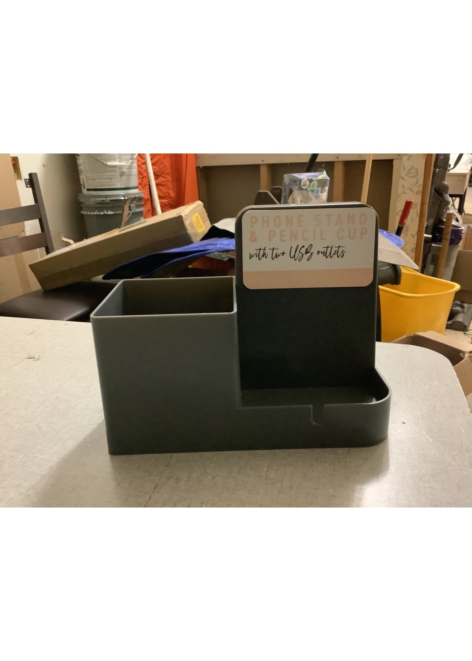 Dark Gray Phone Stand & Pencil Cup with Two USB Outlets