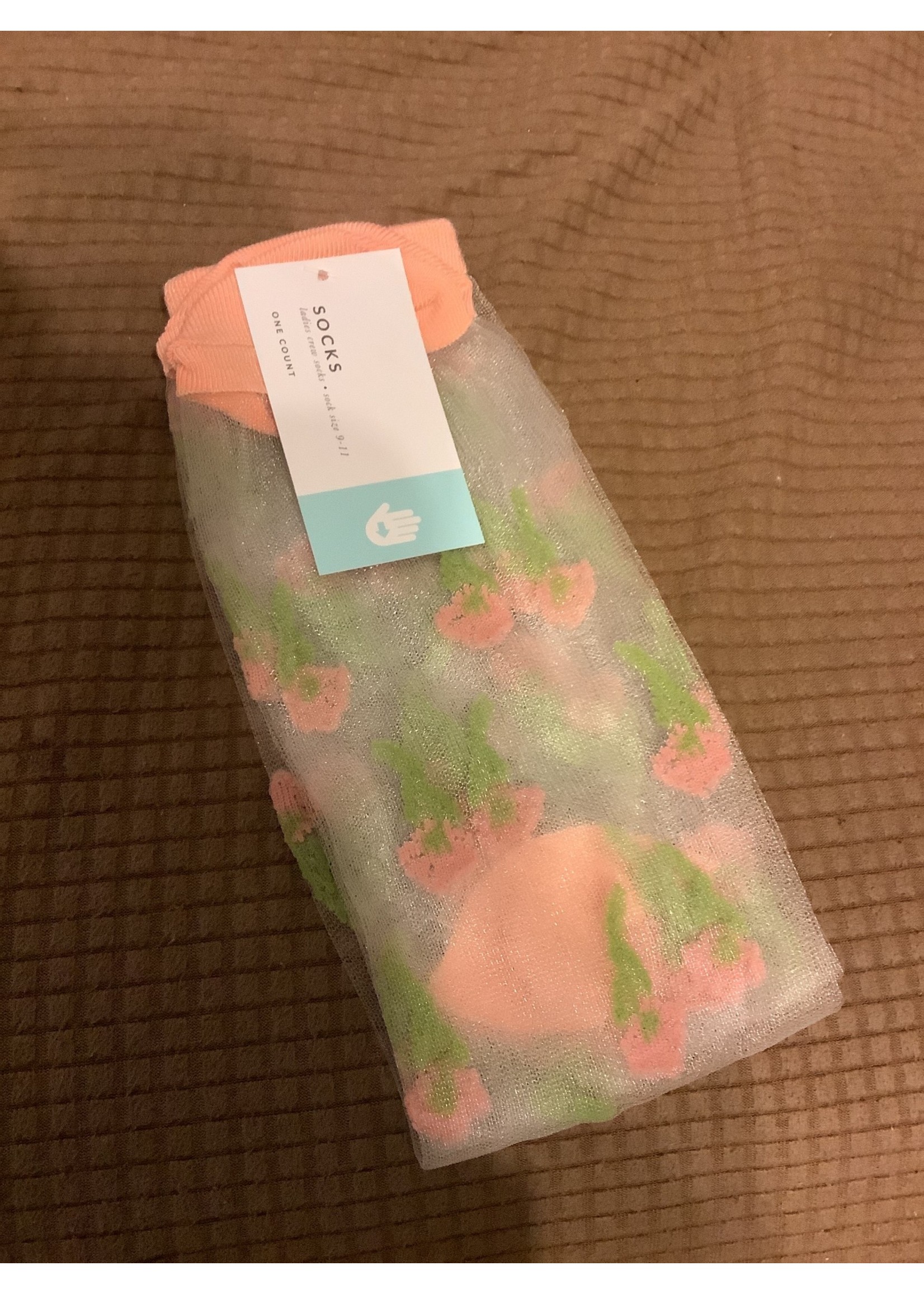Ladies crew socks - Sheer peach w/ flowers 9-11 gertex
