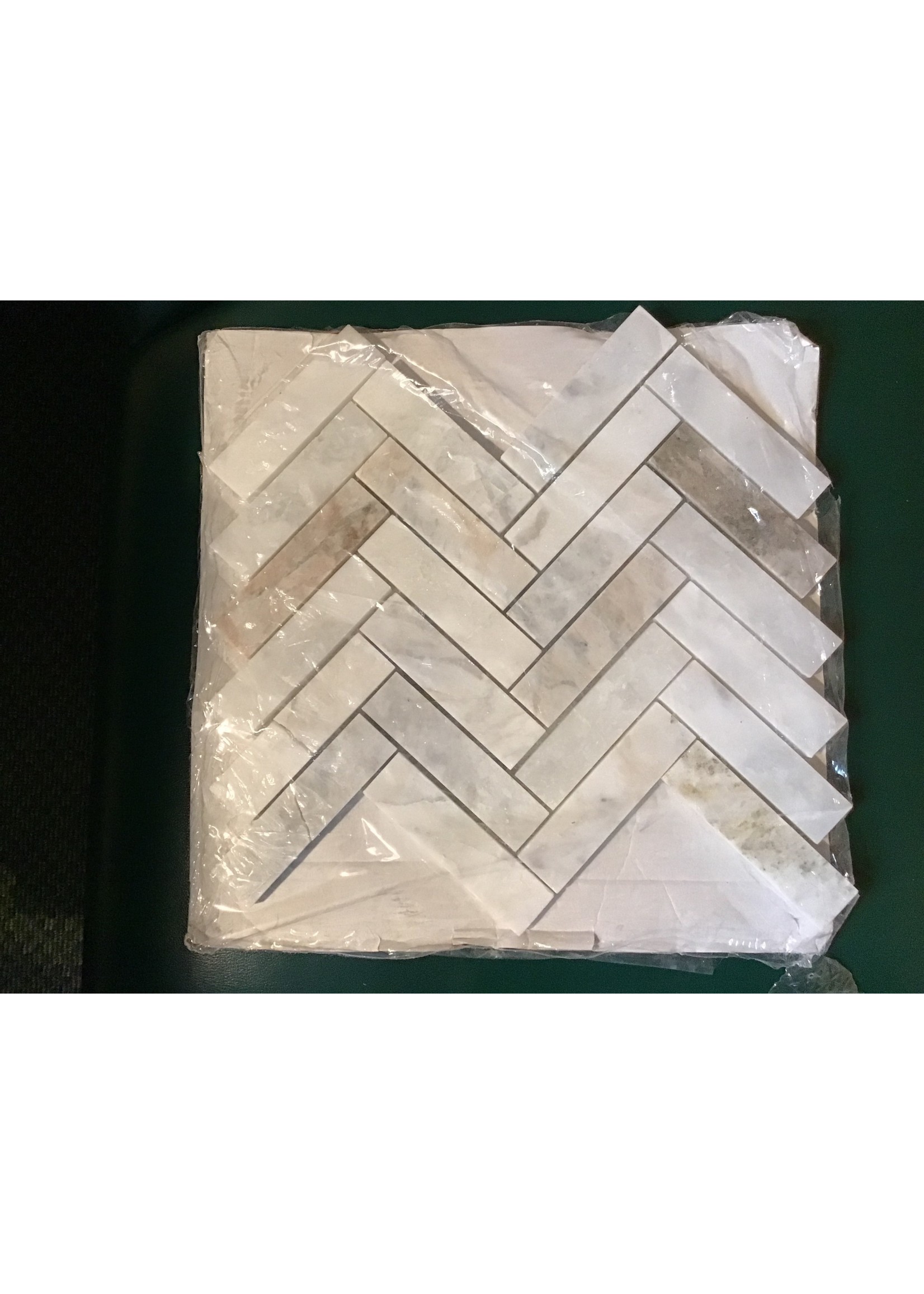 *open packaging-2 pieces cracked* American Olean  White Ember 11-in x 12-in Honed Natural Stone Marble Herringbone Floor and Wall Tile