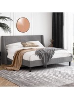 Einfach King Size Platform Bed Frame with Wingback Headboard / Fabric Upholstered Mattress Foundation with Wooden Slat Support, Light Grey