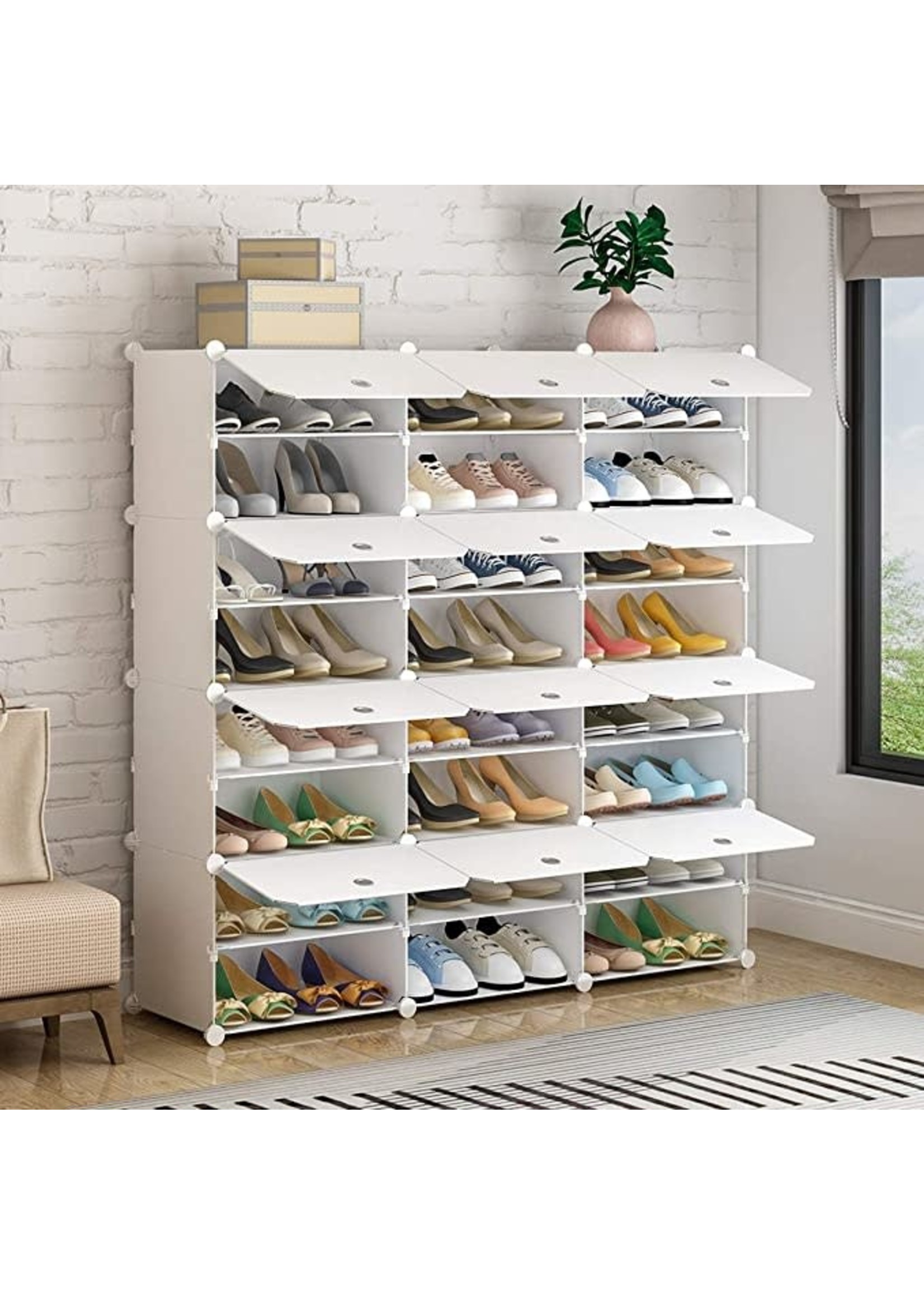 KOUSI Portable Shoe Rack Organizer 24 Grids Tower Shelf Storage Cabinet Stand Expandable for Heels, Boots, Slippers, White
