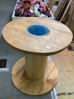 Homemade Wooden Spool Table- Oak top w/ drink bucket (pine/poplar stand)