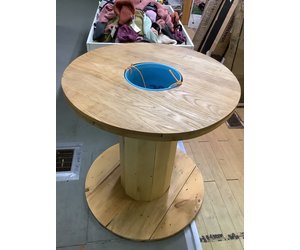 Homemade Wooden Spool Table- Oak top w/ drink bucket (pine/poplar
