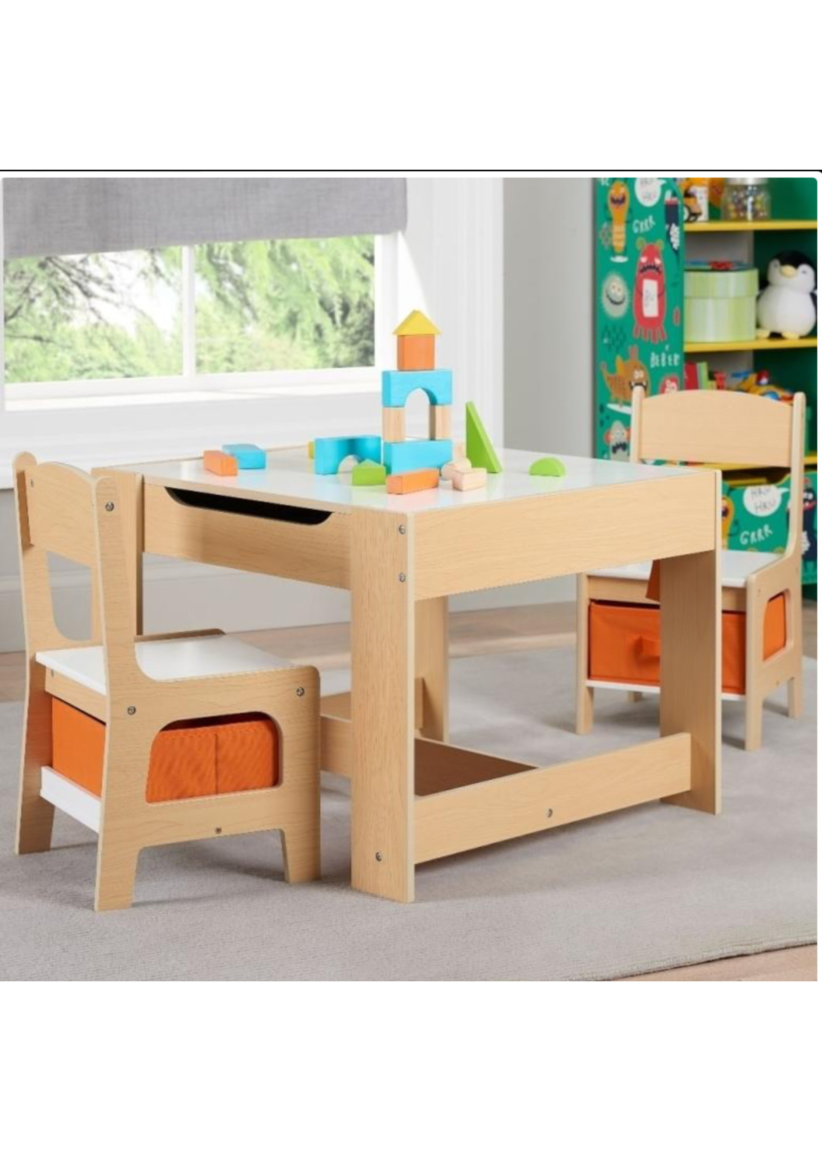 *Open Box Senda Kids Wooden Storage Table and Chairs Set, Natural Color