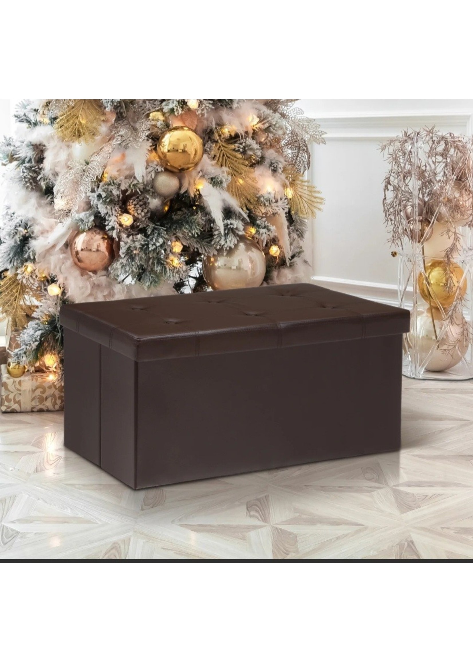 Mellow 30” Button Tufted Faux Leather Collapsible Storage Ottoman, Brown