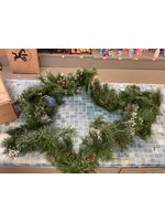 Noble House 9 Foot Artificial Mixed Spruce LED Christmas Garland with Snowy Branches and Pinecones,