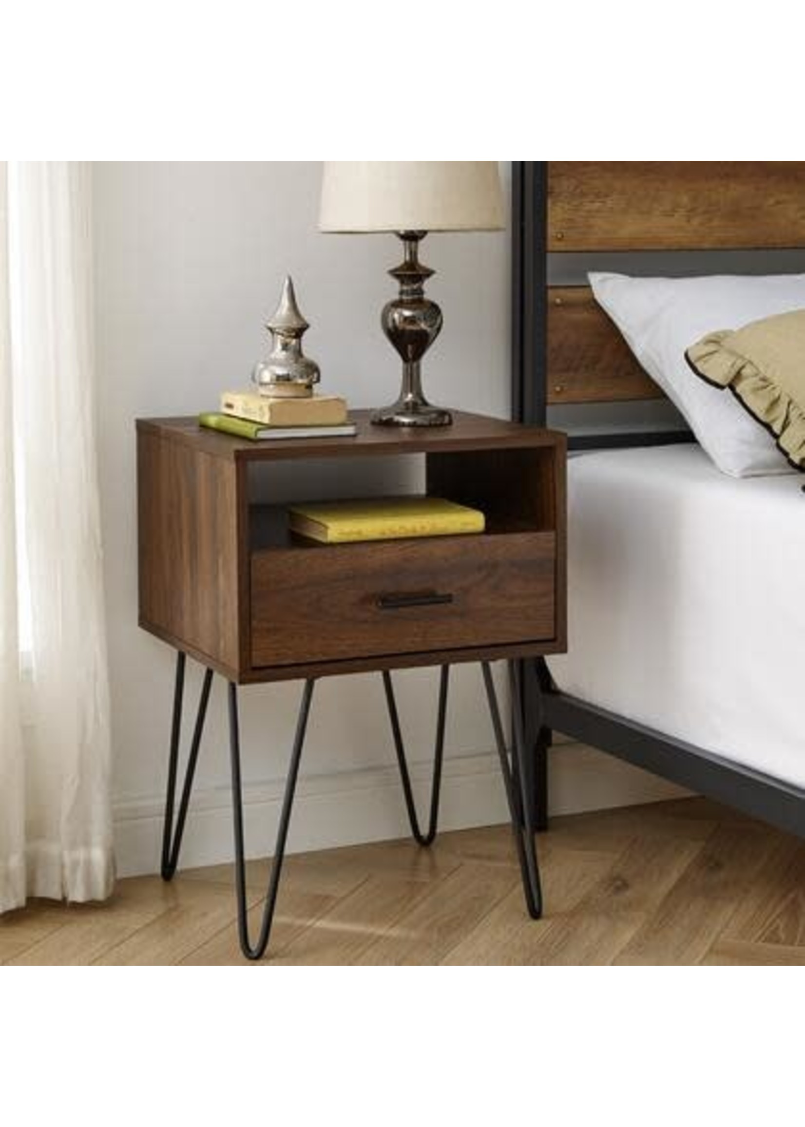25.25Hx17.75Lx15.75W  1-Drawer Hairpin Side Table - Dark Walnut *open box*