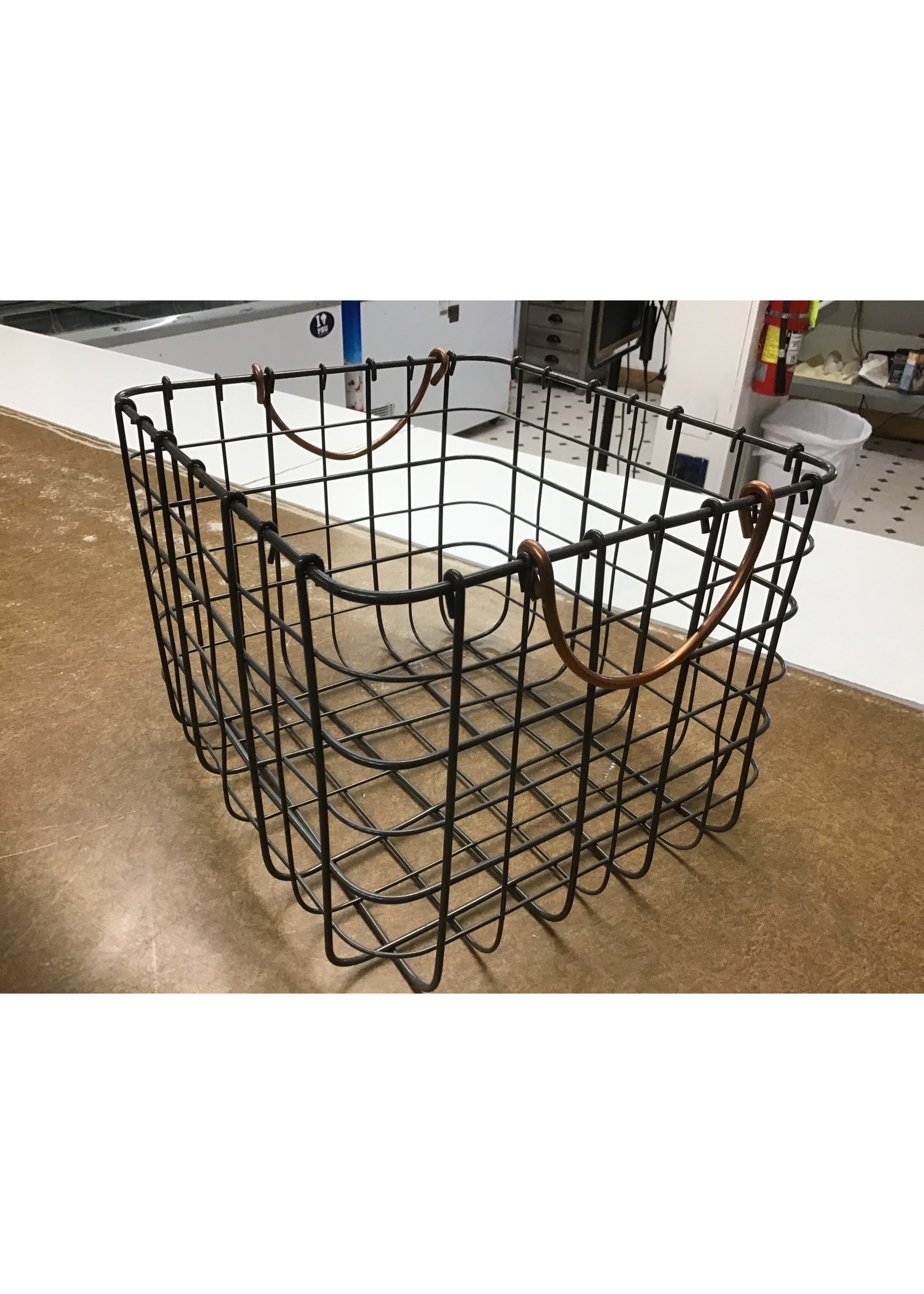 Square wire basket with copper handles 11” x 10”x 8”