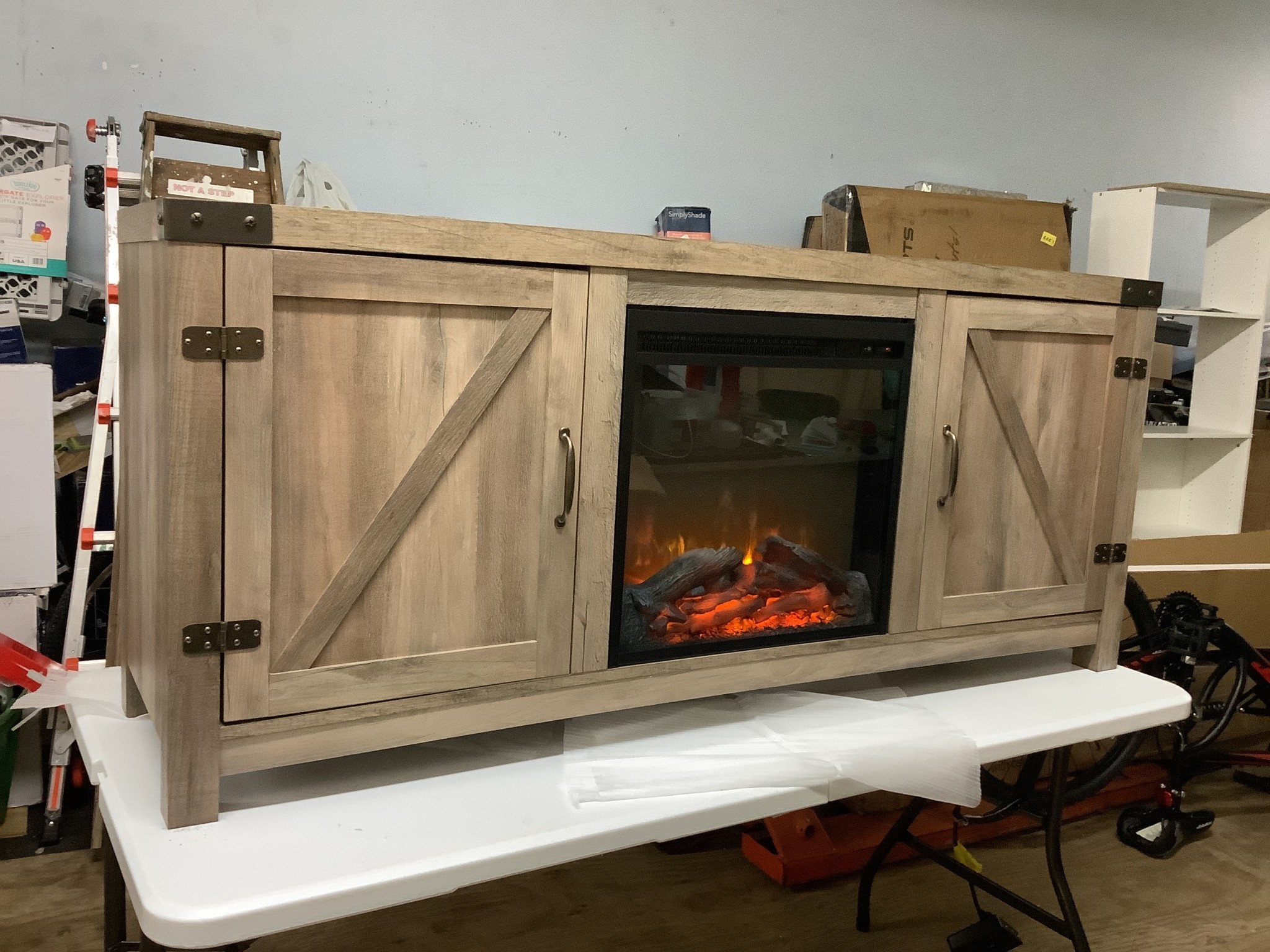 *Built 58? Barn Door Fireplace TV Stand Grey Wash D3 Surplus Outlet