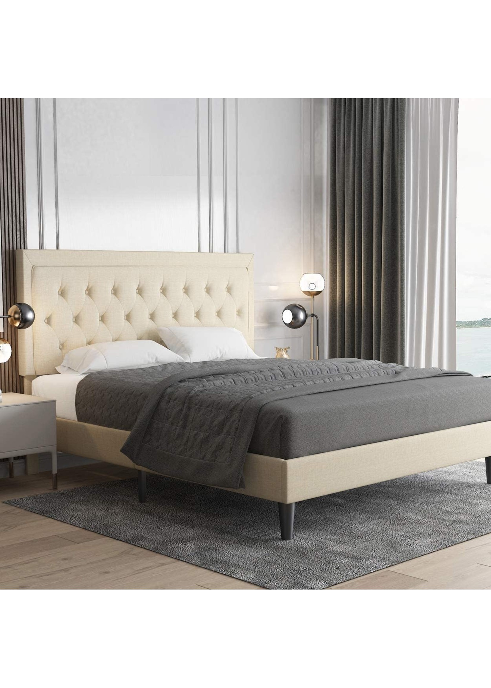 *Like New Allewie King Size Platform Bed Frame/Fabric Upholstered Bed Frame with Diamond Button Tufted Headboard
