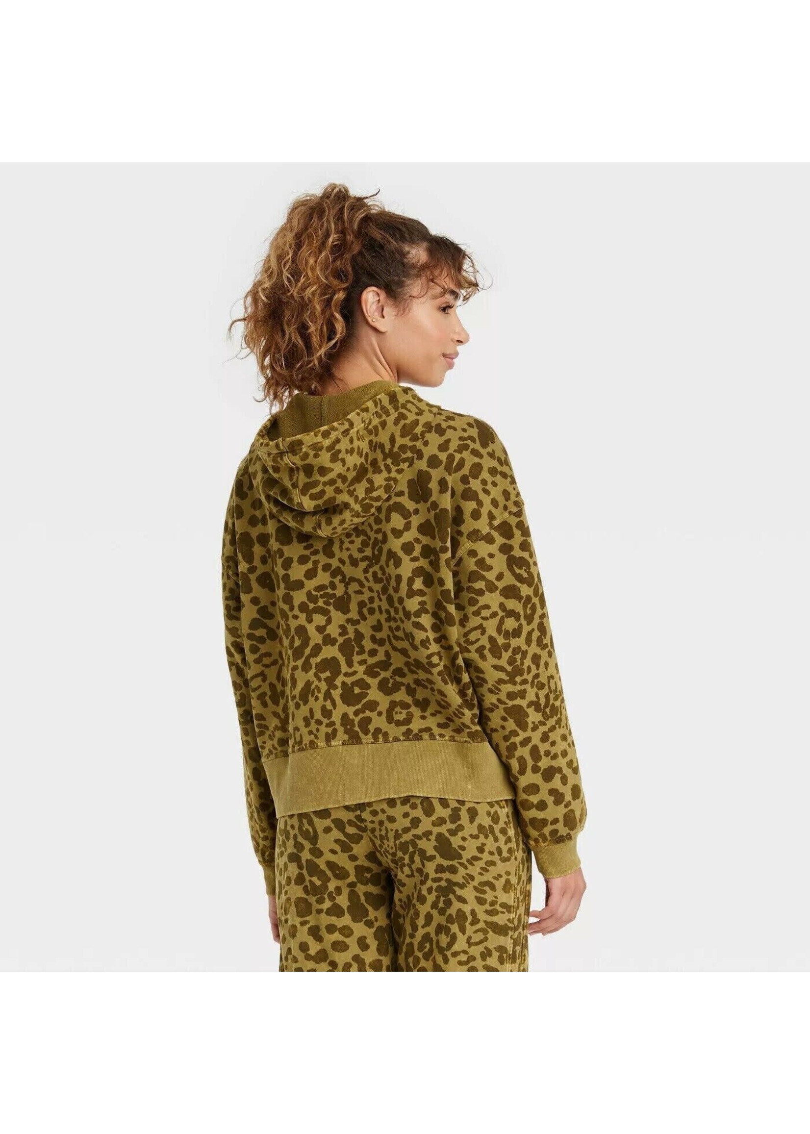 Womens Full Zip Leopard Print Hoodie Sweatshirt Olive Green JoyLab Size Small