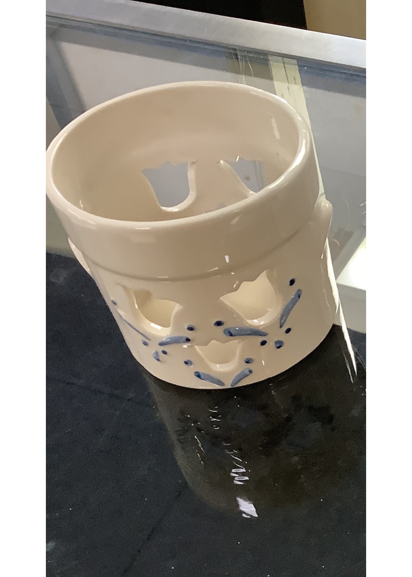 Small Tan Crock Votive Holder - Blue 3.5" x 4"