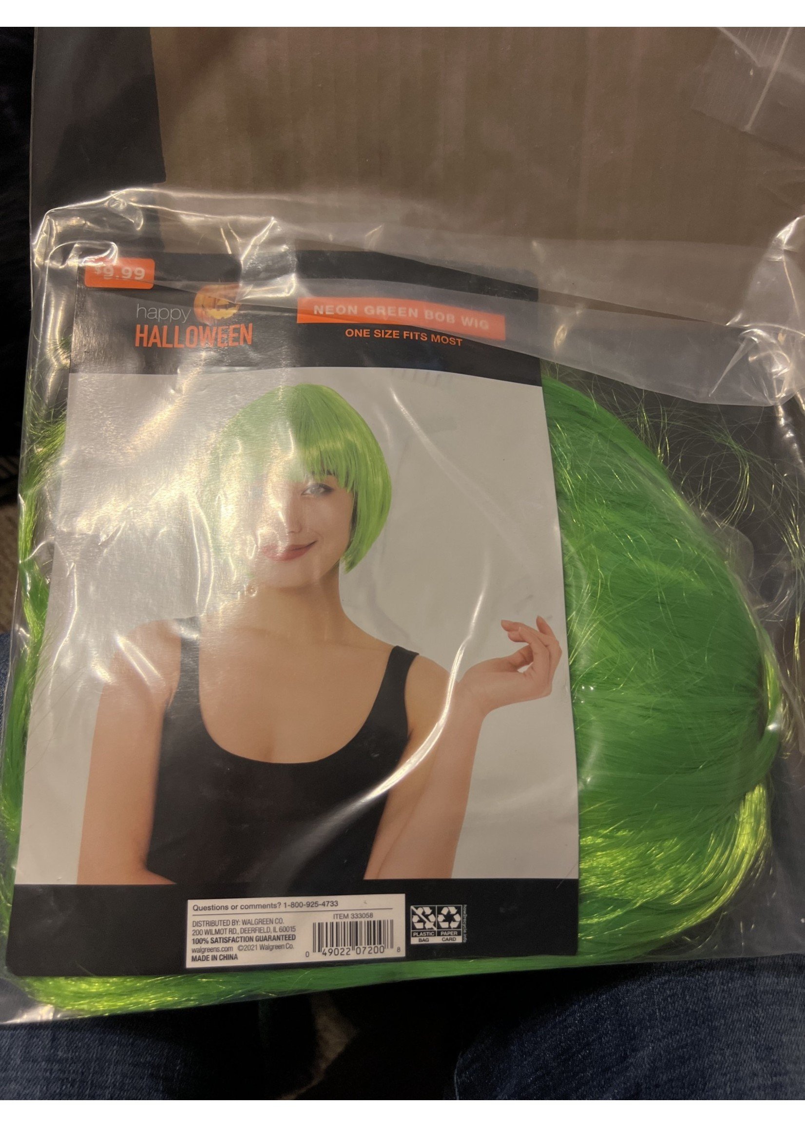 Open package- Happy Halloween Neon Green Bob Wig OSFM