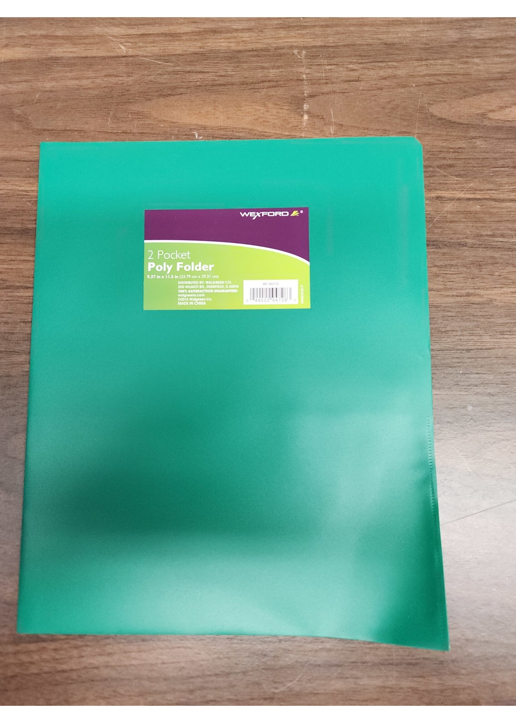 Green Wexford 2 Pocket Poly Folder 9.37"x11.5"