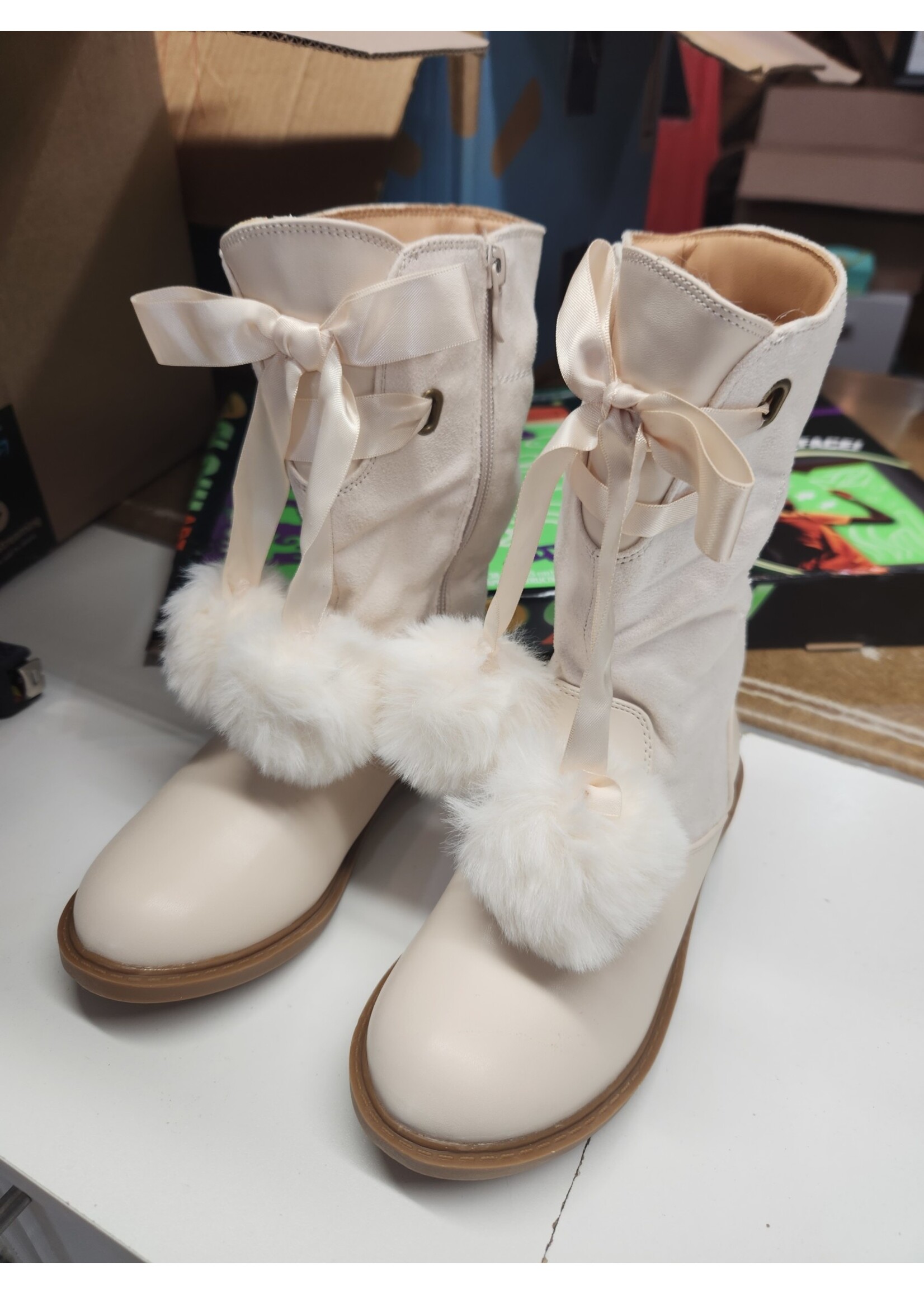 ZBY Cream Coutgo Girls Mid Calf Boots Satin Toddler Riding Shoes Size 1