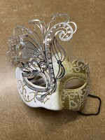 Gold & White w/ silver metal Mardi Gras mask