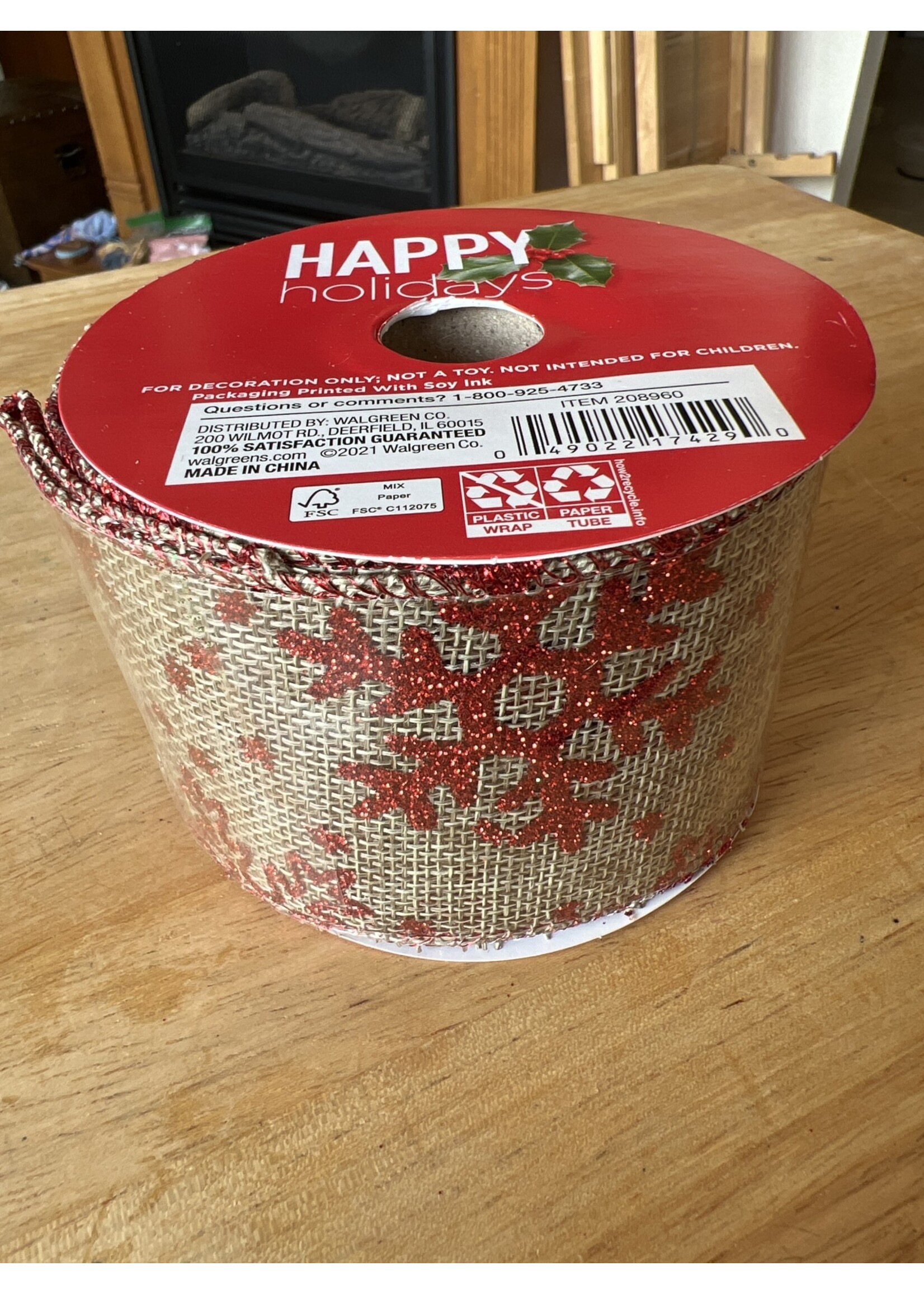 Happy Holidays - Fabric Ribbon red glitter snowflakes 25 ft