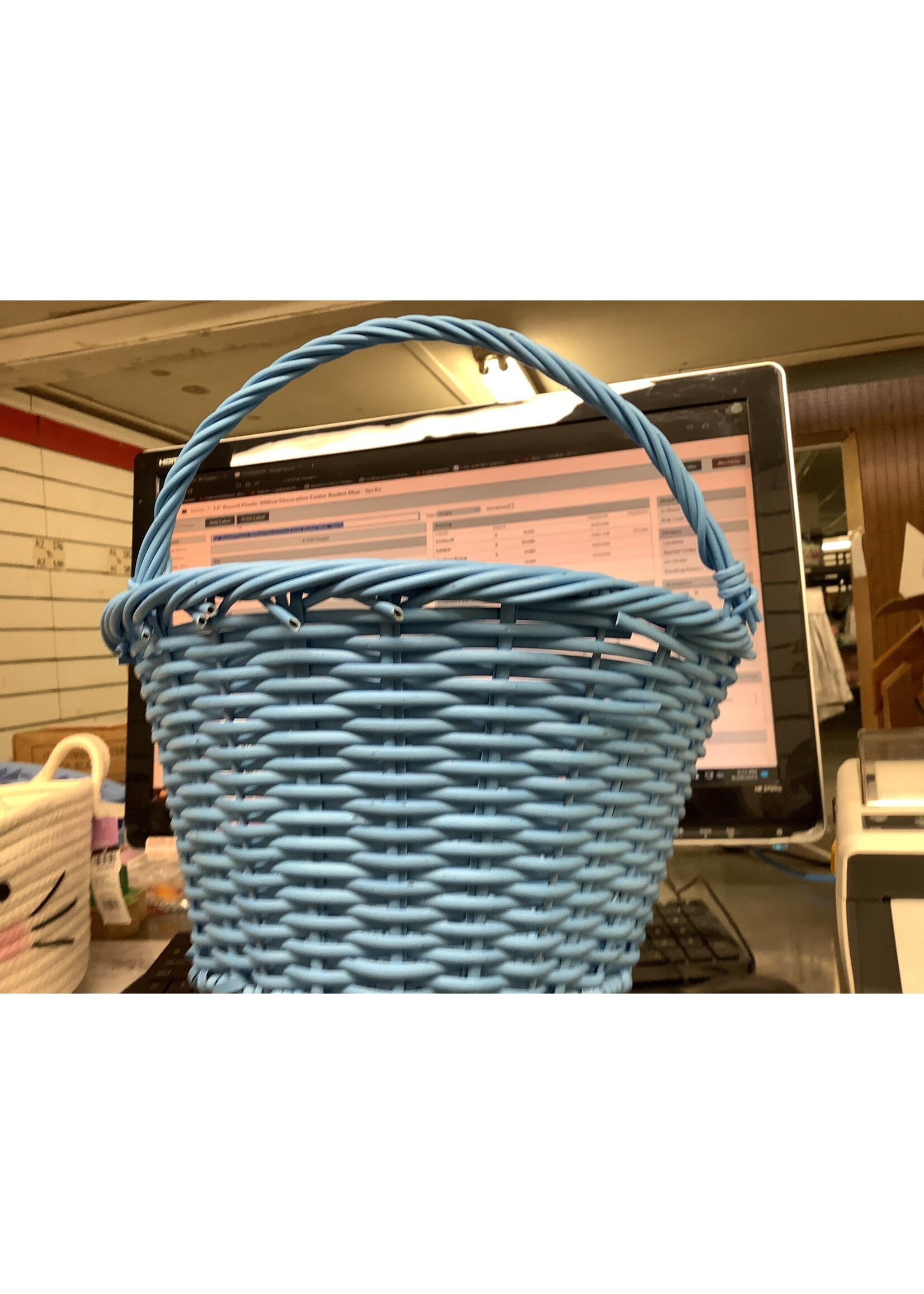 12" Round Plastic Willow Decorative Easter Basket Blue - Spritz