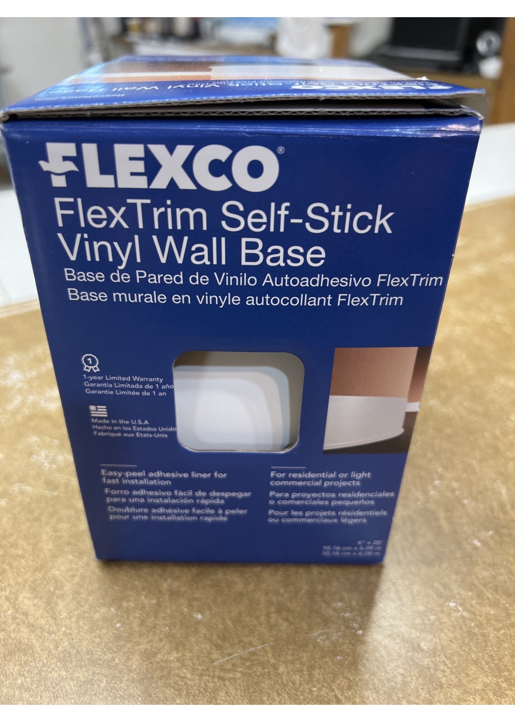 Open box- 13’ left - Flexco FlexTrim Self-Stick Vinyl Wall Base 4” true white