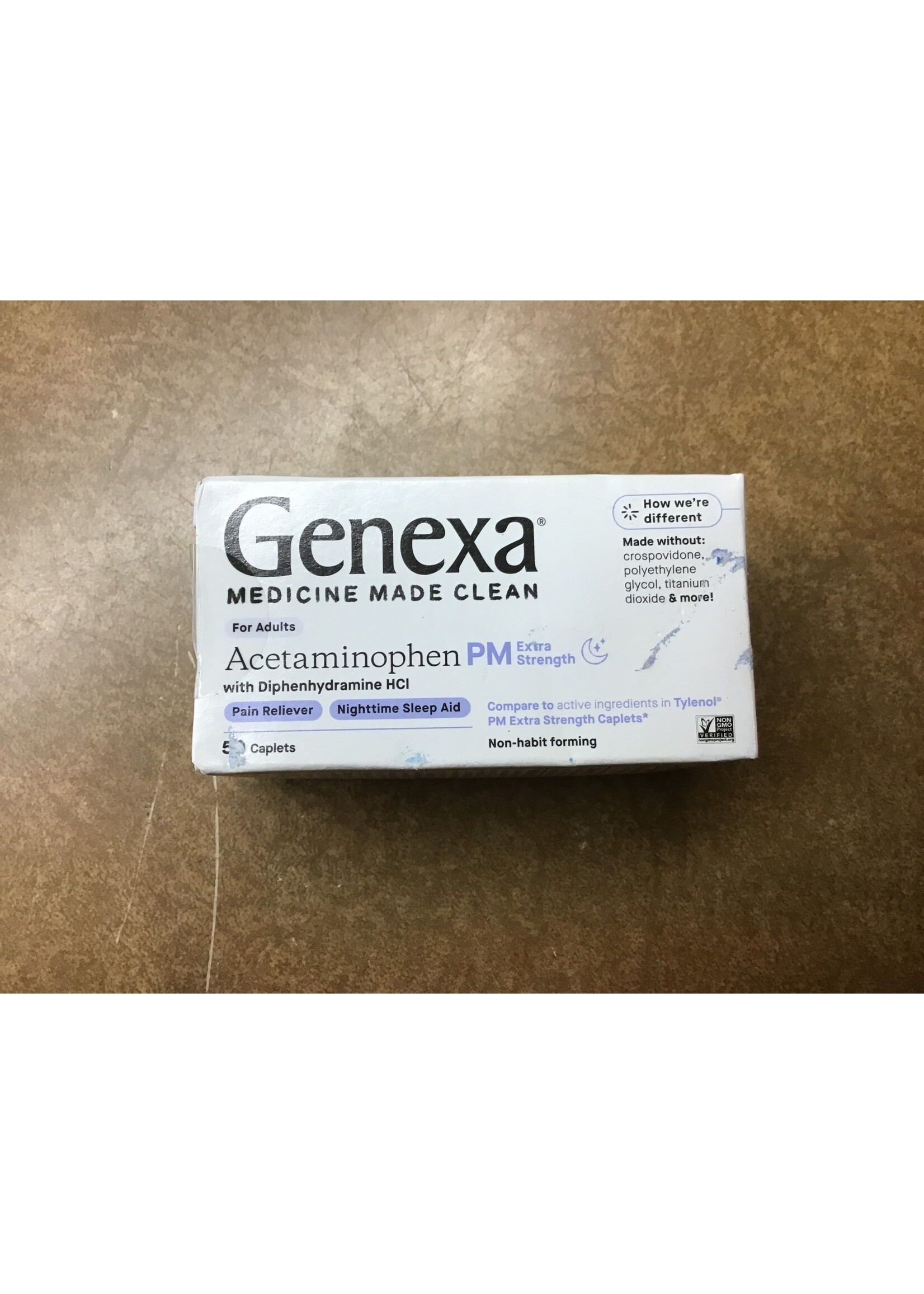 Box damage 2/24 sealed Genexa acetaminophen PM extra strength 50 caplets