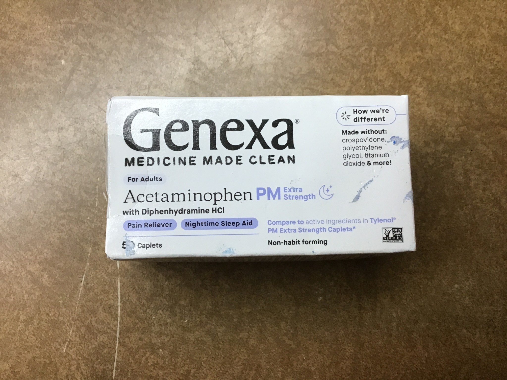 Box damage 2/24 sealed Genexa acetaminophen PM extra strength 50