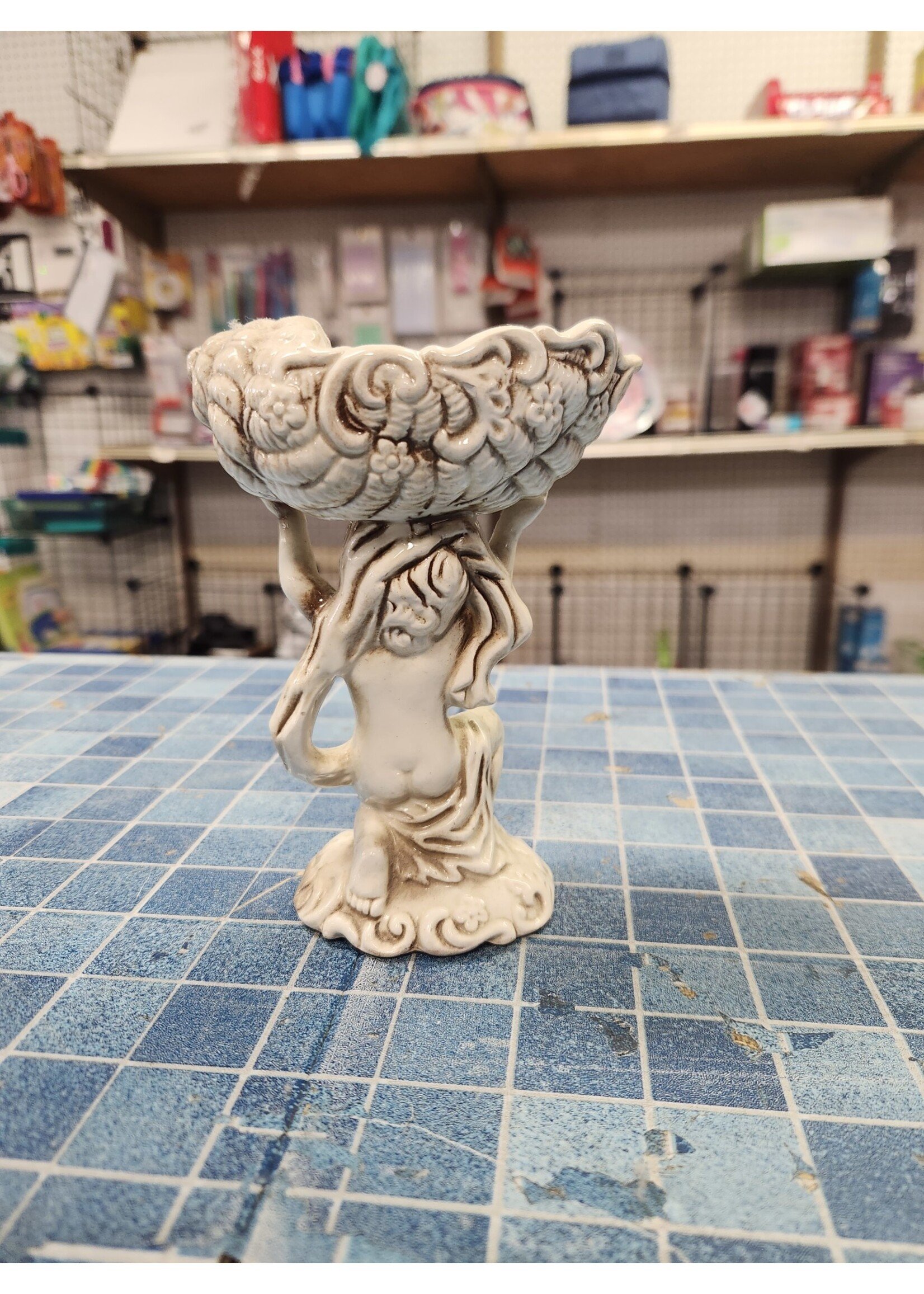 *Distressed Lines in Shell, no Issues Inarco Vase With Cherub Angel E 3211 Japan Vintage Trinket Dish Planter Ceramic
