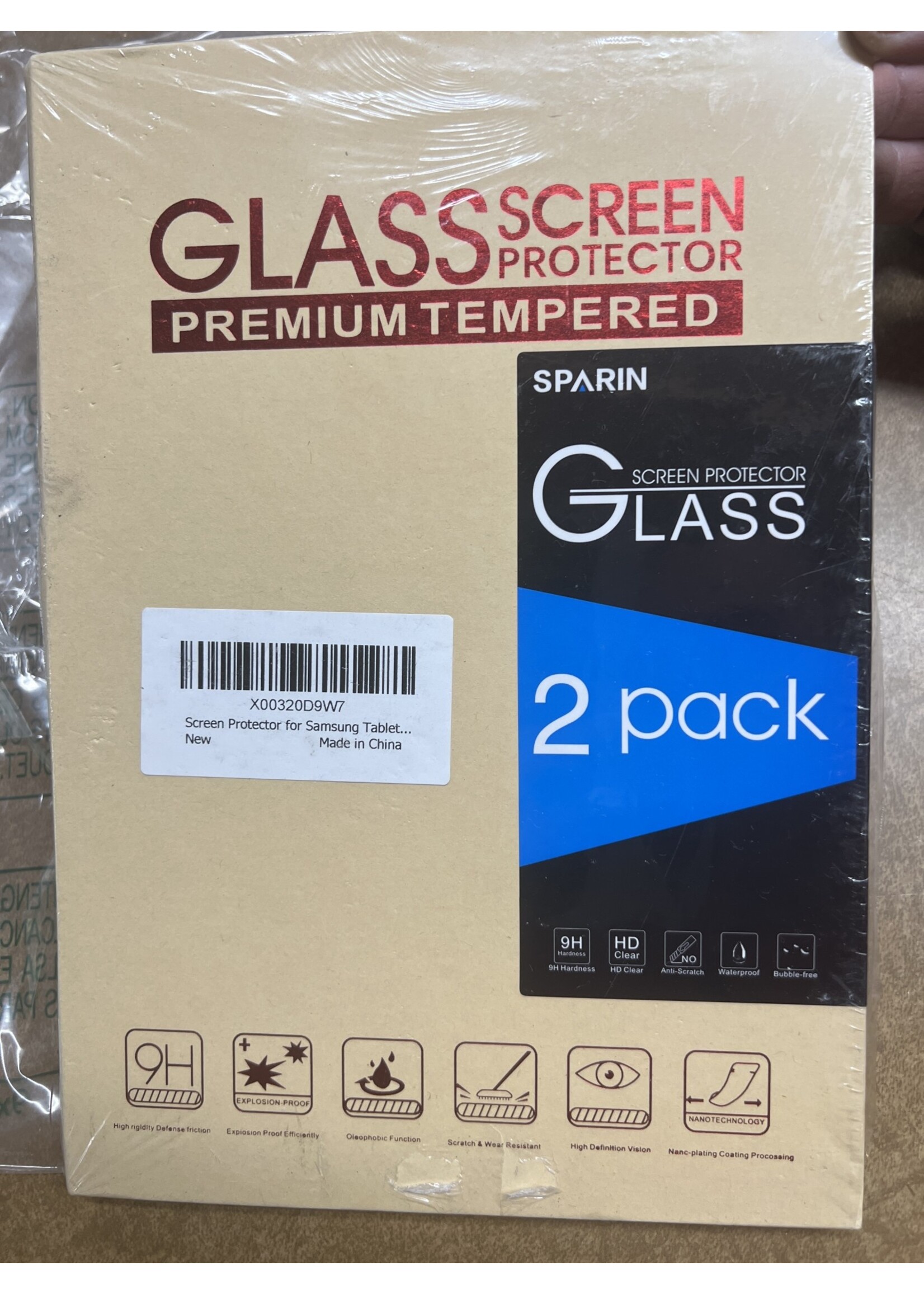 Box damage- Glass Screen Protector for Samsung -premium tempered 9H, HD clear, 2 pack - box is 6-1/2x9-1/2”