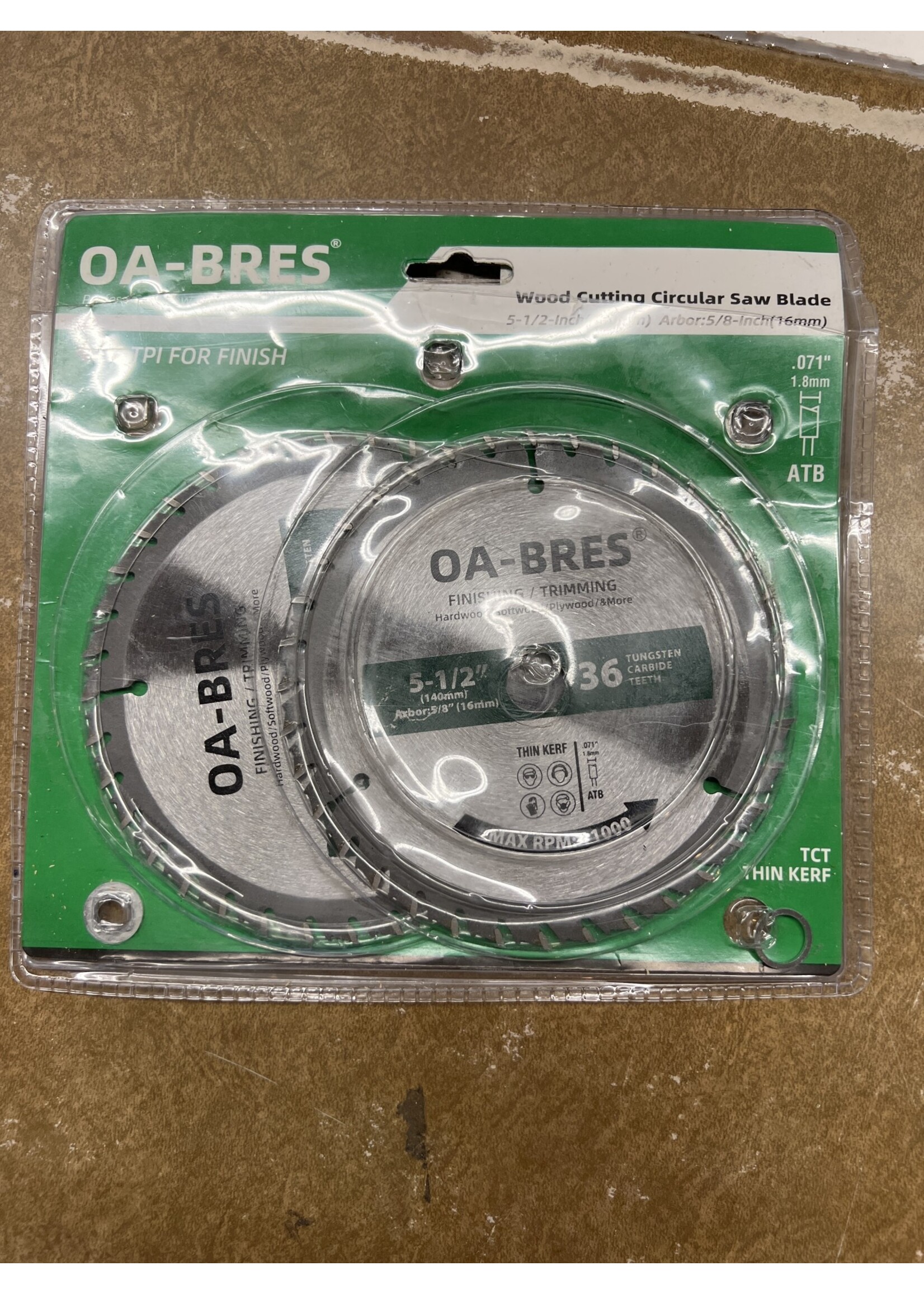 Open package- OA-Bres Finishing/Trimming hardwood, softwood, plywood 5-1/2” 36 teeth tungsten carbide 11000rpm