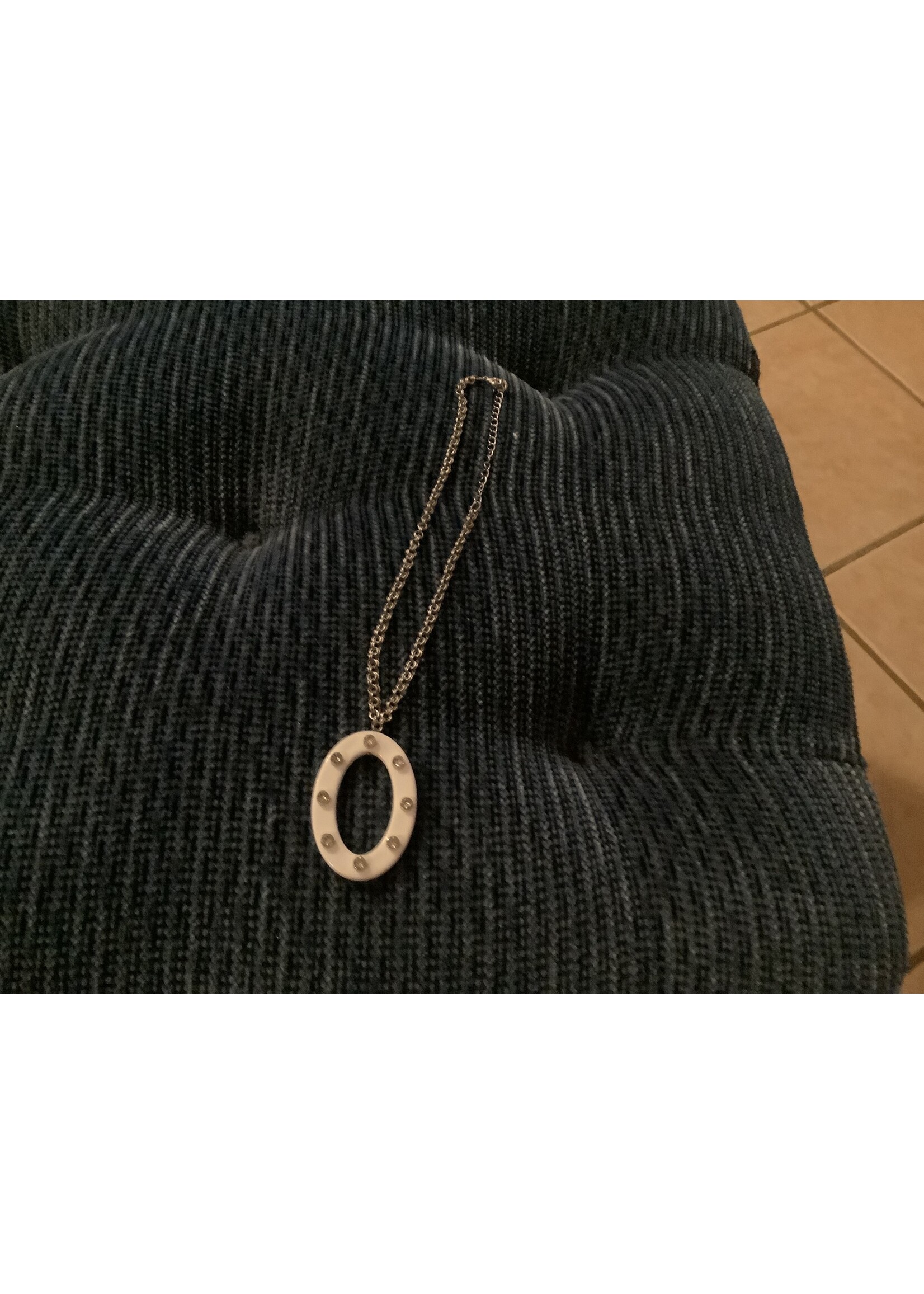 Silver Chain Necklace with White Oval and 8 Clear Stones