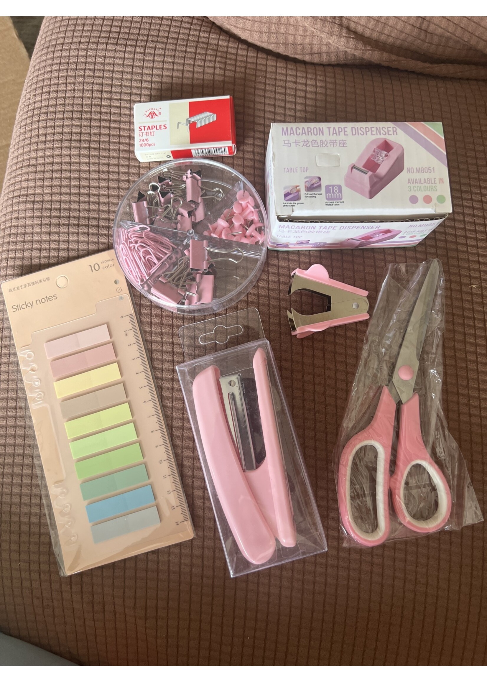 Set of Pink Office Supplies 7pc stapler, remover, clips, pins, notes, scissors, tape dispenser