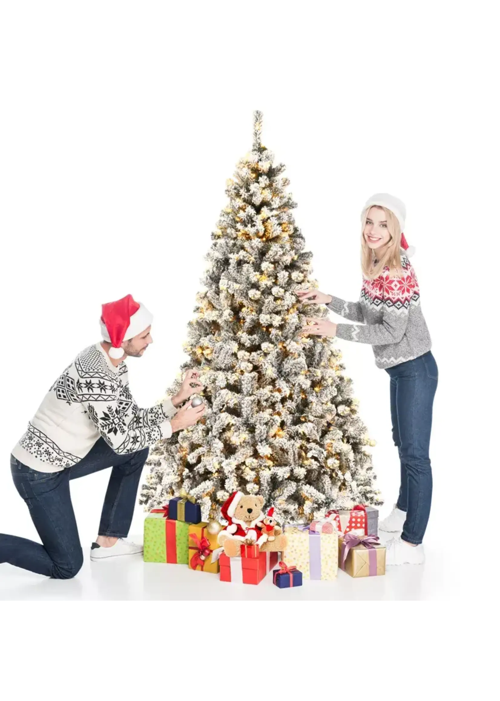 Costway Prelit 7.5ft Christmas Tree Flocked Xmas Snowy Tree 450 LED Lights