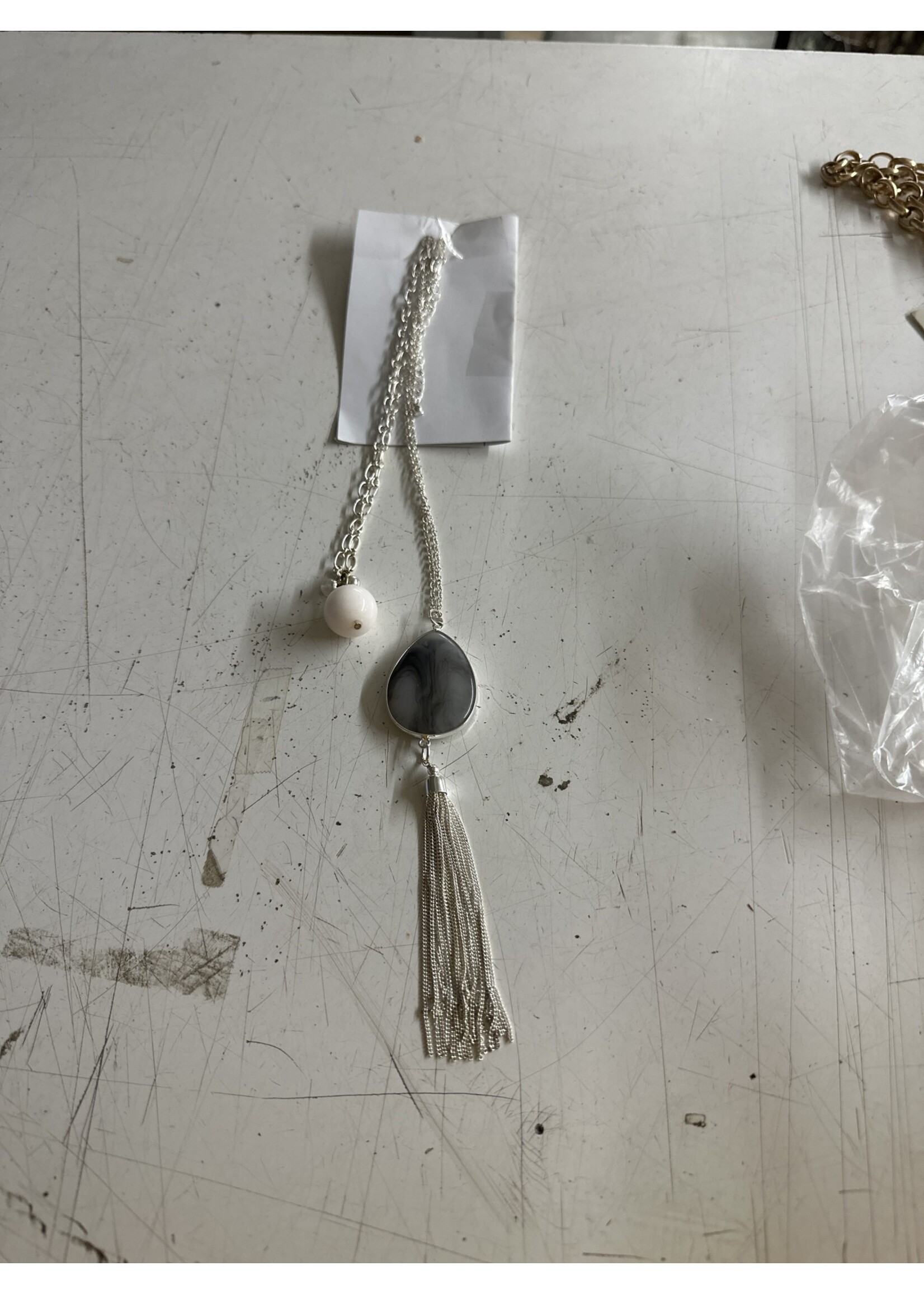 Necklace w Two 16 in. Silver Chains w White Ball  and Gray Oval (w 3 in chains)