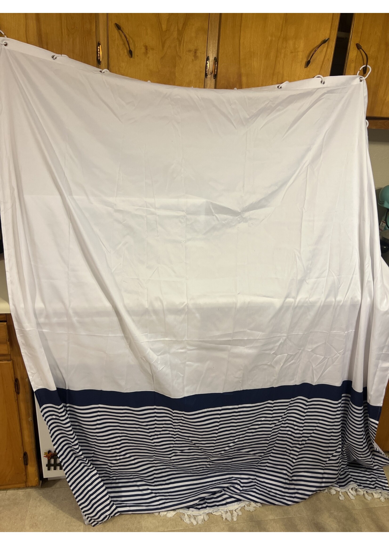 Navy and White Shower Curtain  70”x70” w/ plastic hooks