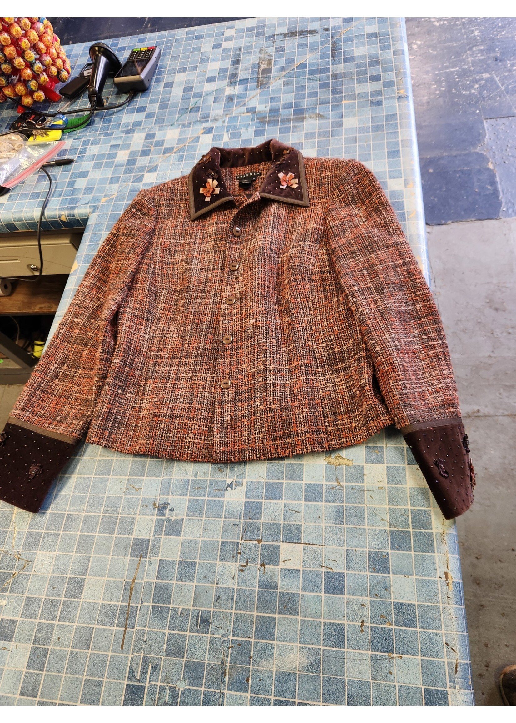 *Worn Spanner Women's Fall Blazer/Jacket Orange/Brown/Pink Tweed Brown Velvet Collar Fully Lined Size 8