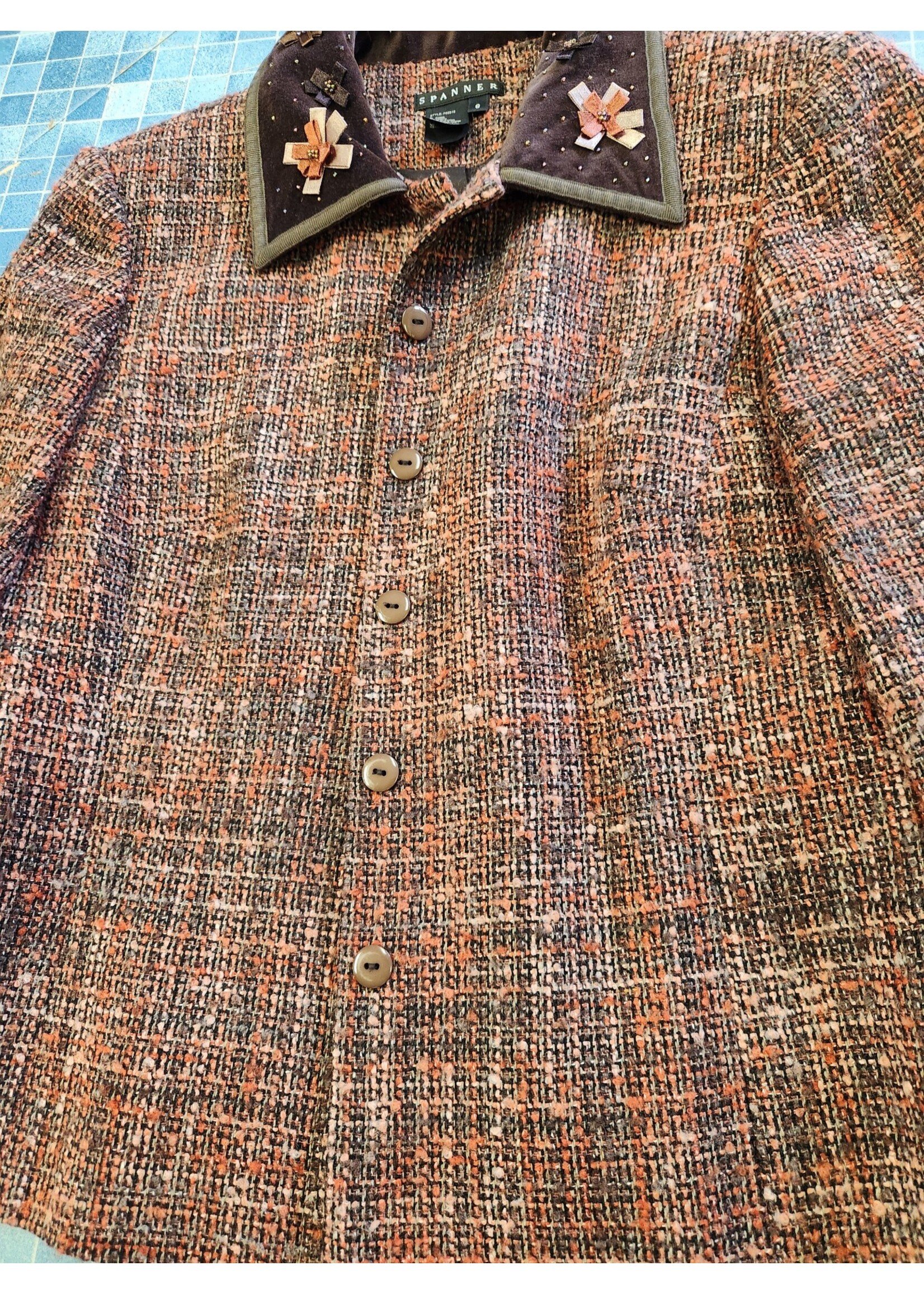 *Worn Spanner Women's Fall Blazer/Jacket Orange/Brown/Pink Tweed Brown Velvet Collar Fully Lined Size 8