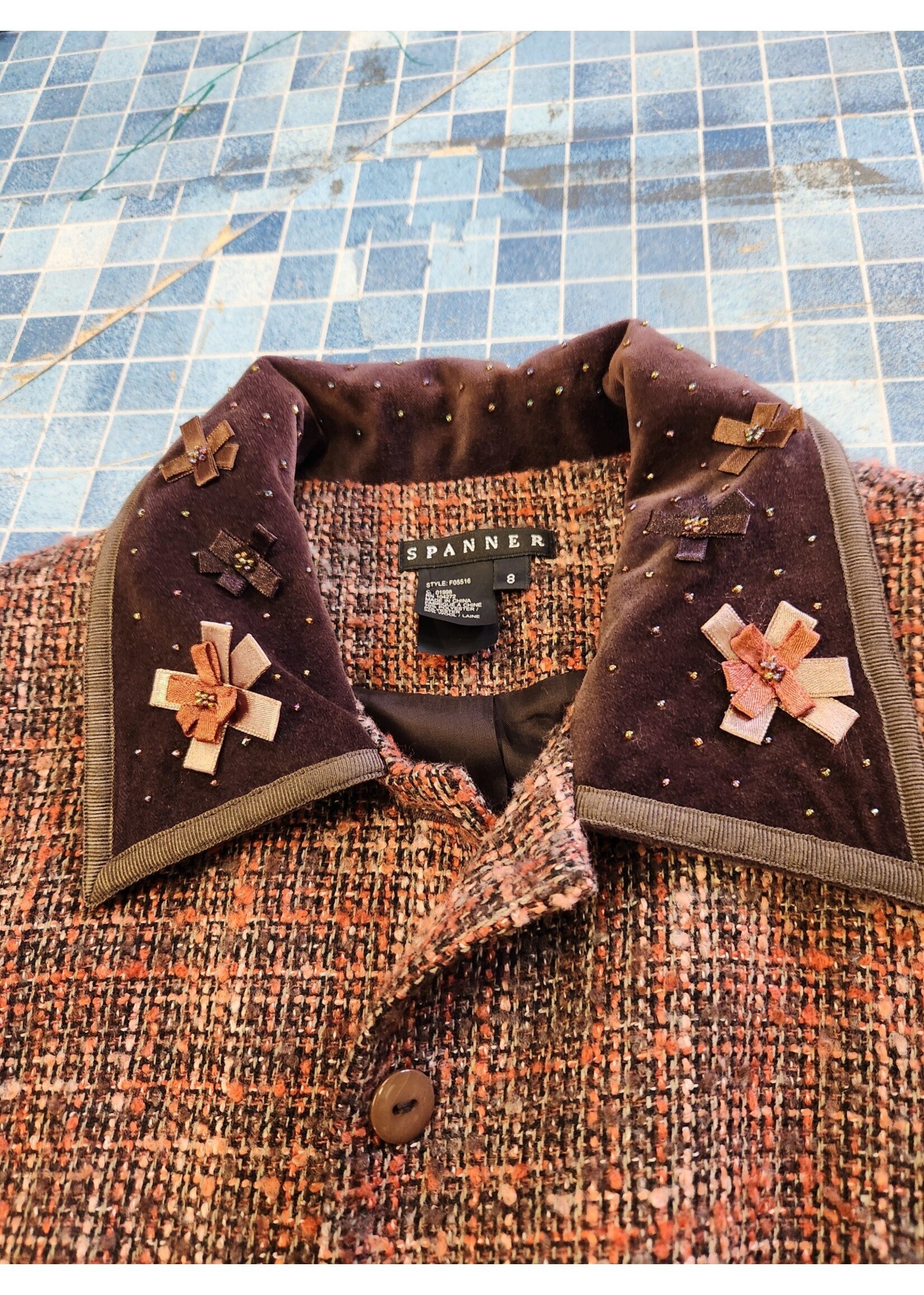 *Worn Spanner Women's Fall Blazer/Jacket Orange/Brown/Pink Tweed Brown Velvet Collar Fully Lined Size 8
