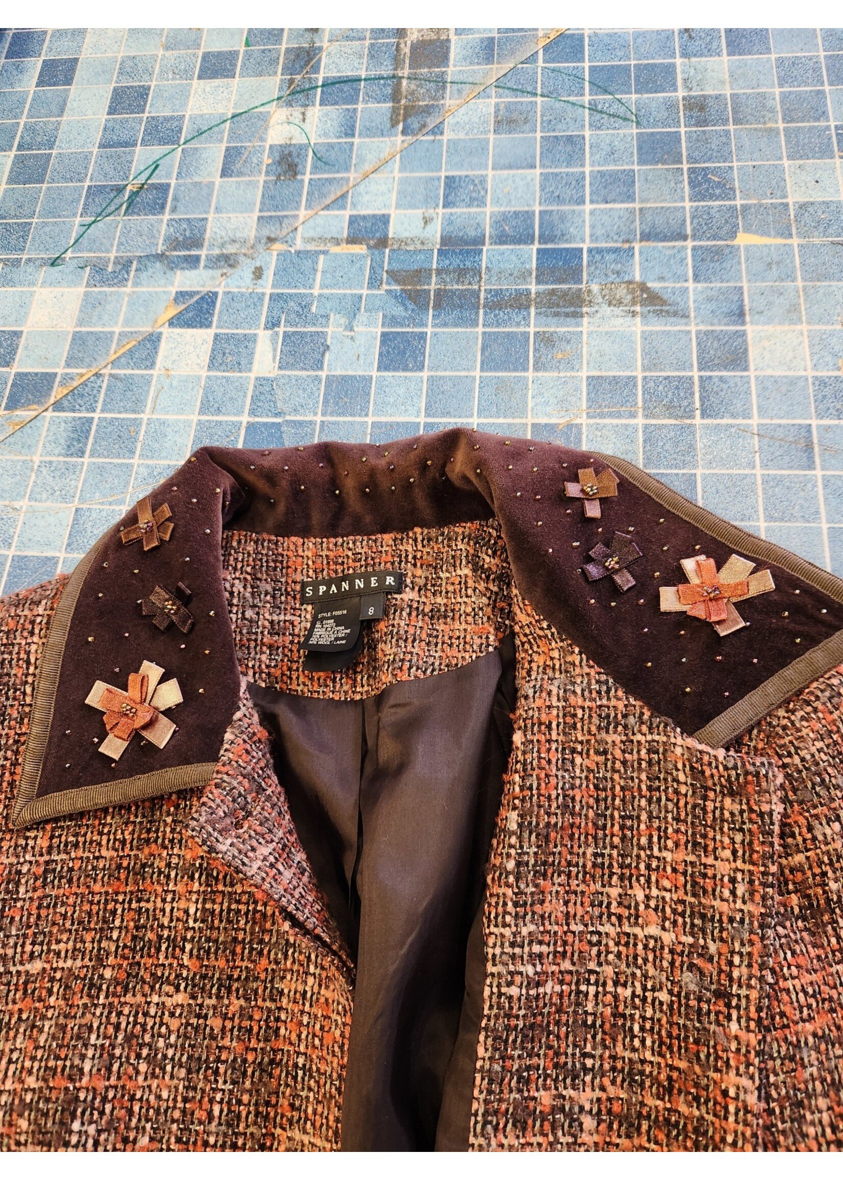 *Worn Spanner Women's Fall Blazer/Jacket Orange/Brown/Pink Tweed Brown Velvet Collar Fully Lined Size 8