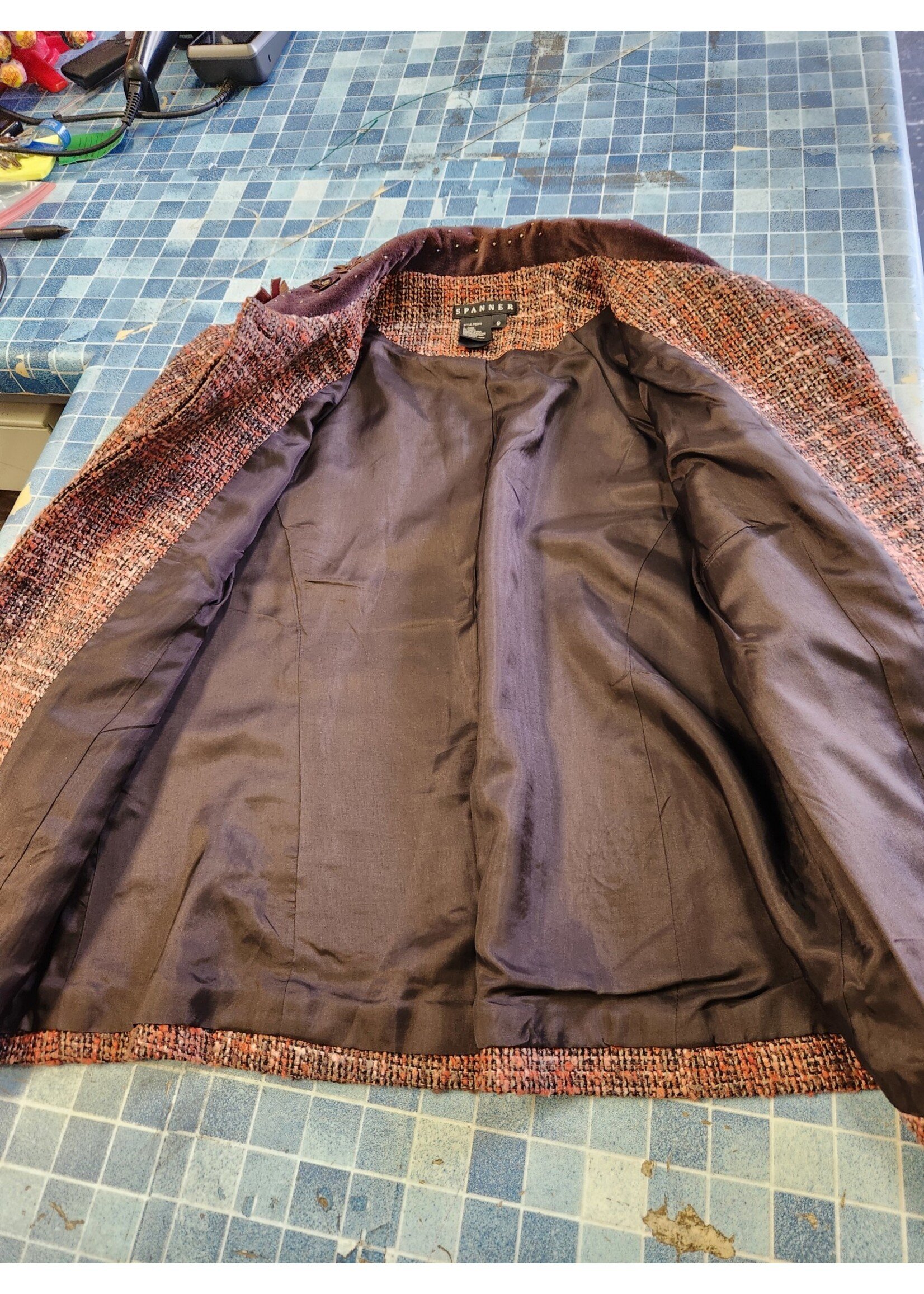 *Worn Spanner Women's Fall Blazer/Jacket Orange/Brown/Pink Tweed Brown Velvet Collar Fully Lined Size 8