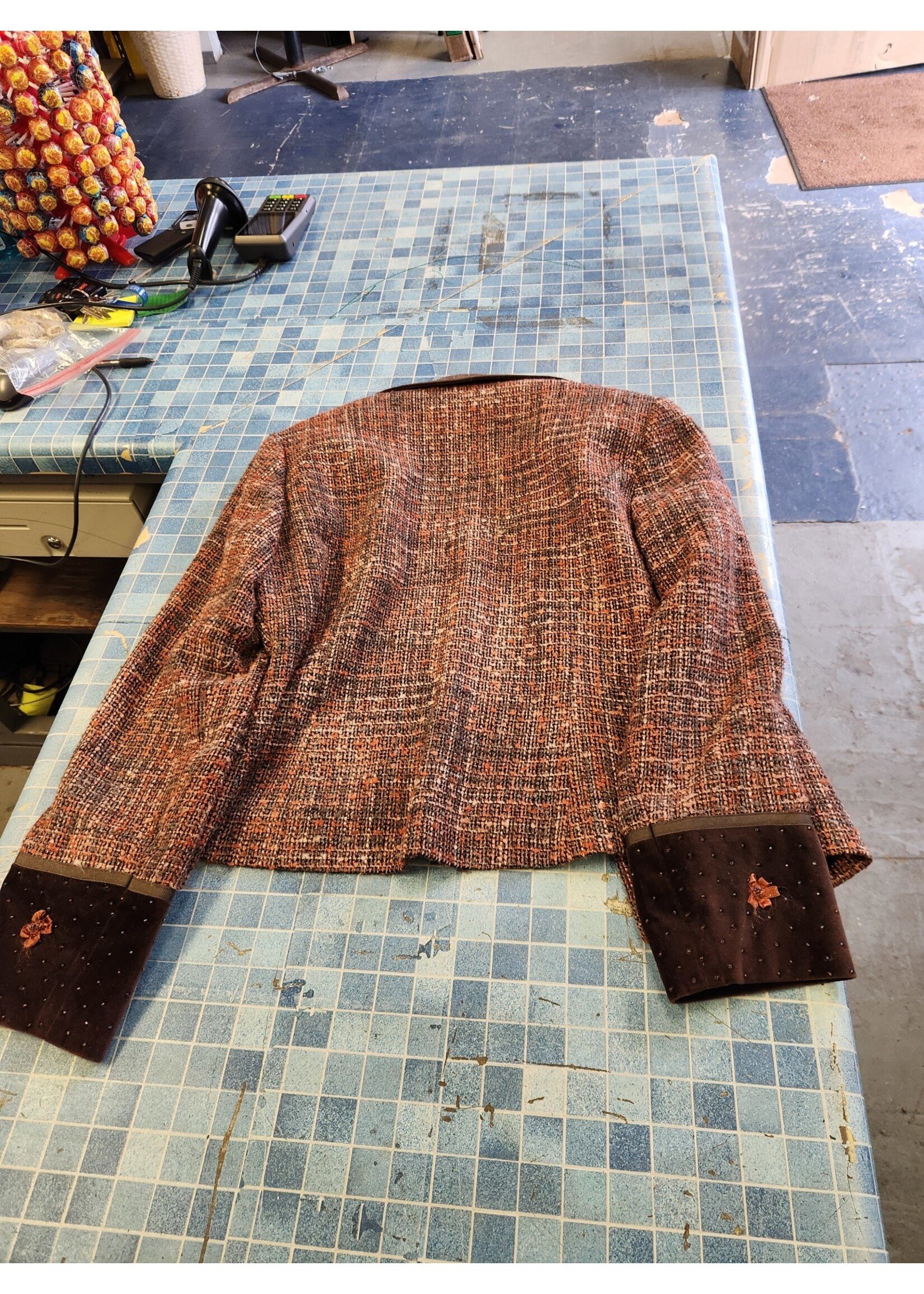 *Worn Spanner Women's Fall Blazer/Jacket Orange/Brown/Pink Tweed Brown Velvet Collar Fully Lined Size 8