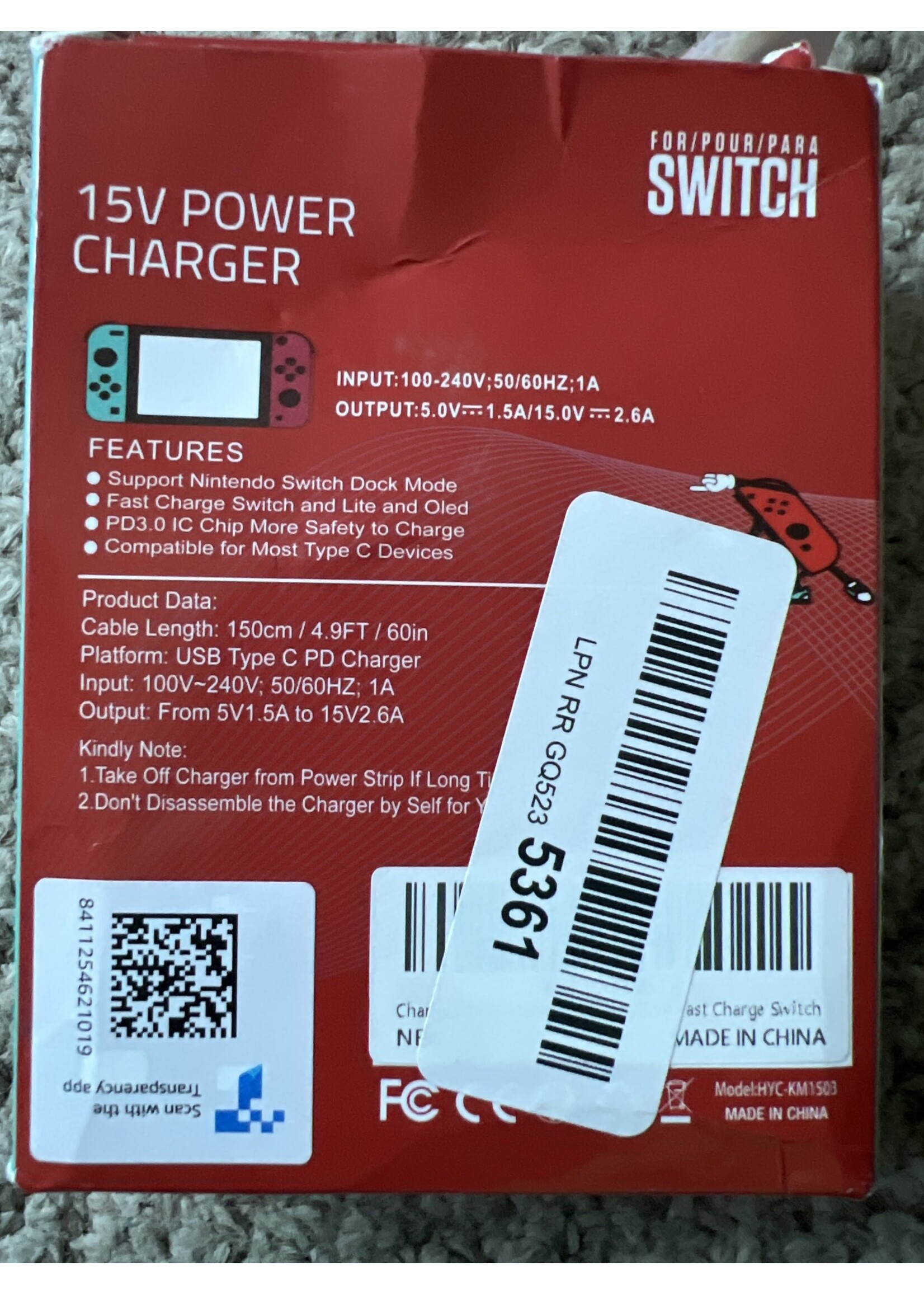 15V Power Charger USB Type C for Switch 60” length