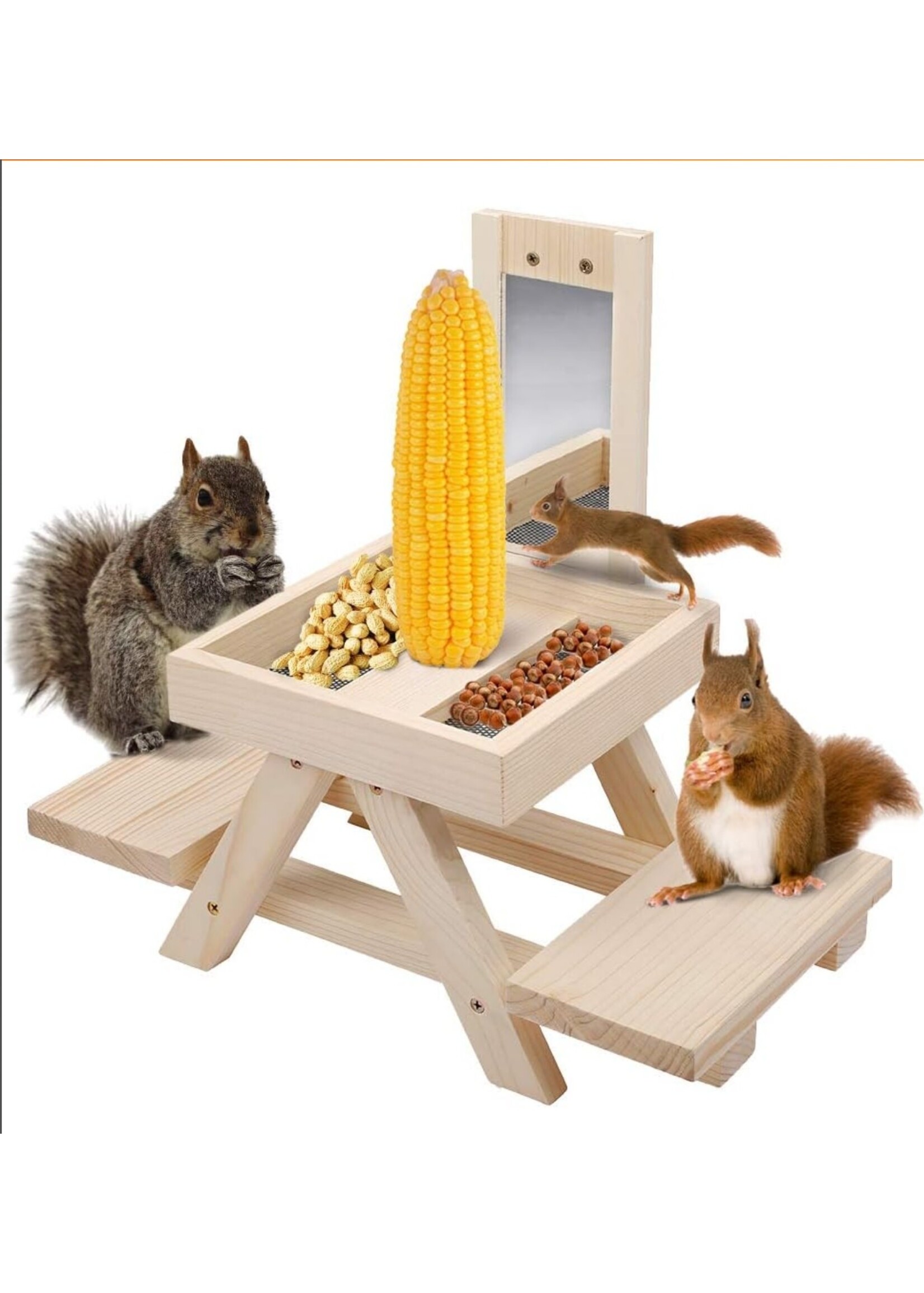 Solution4Patio Expert in Garden Creation Adorable Squirrel Feeder Picnic Table Shaped with Mirror, Corn Cob Holder and Snack Mesh Tray, for Fruit, Nuts, Peanut Butter Treats, Eay to Install