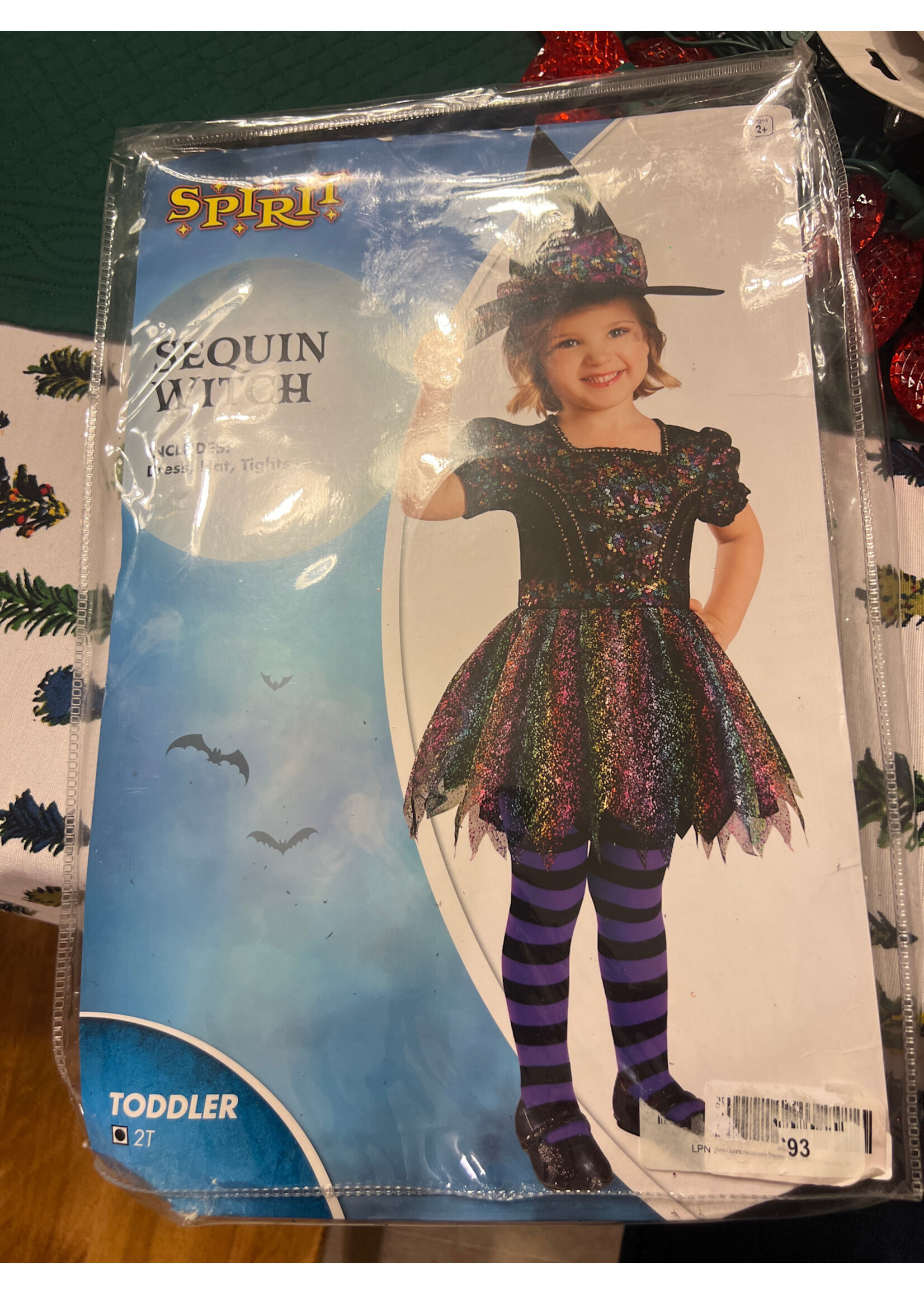 Open package- Spirit Sequin witch toddler costume 2T dress, hat & tights