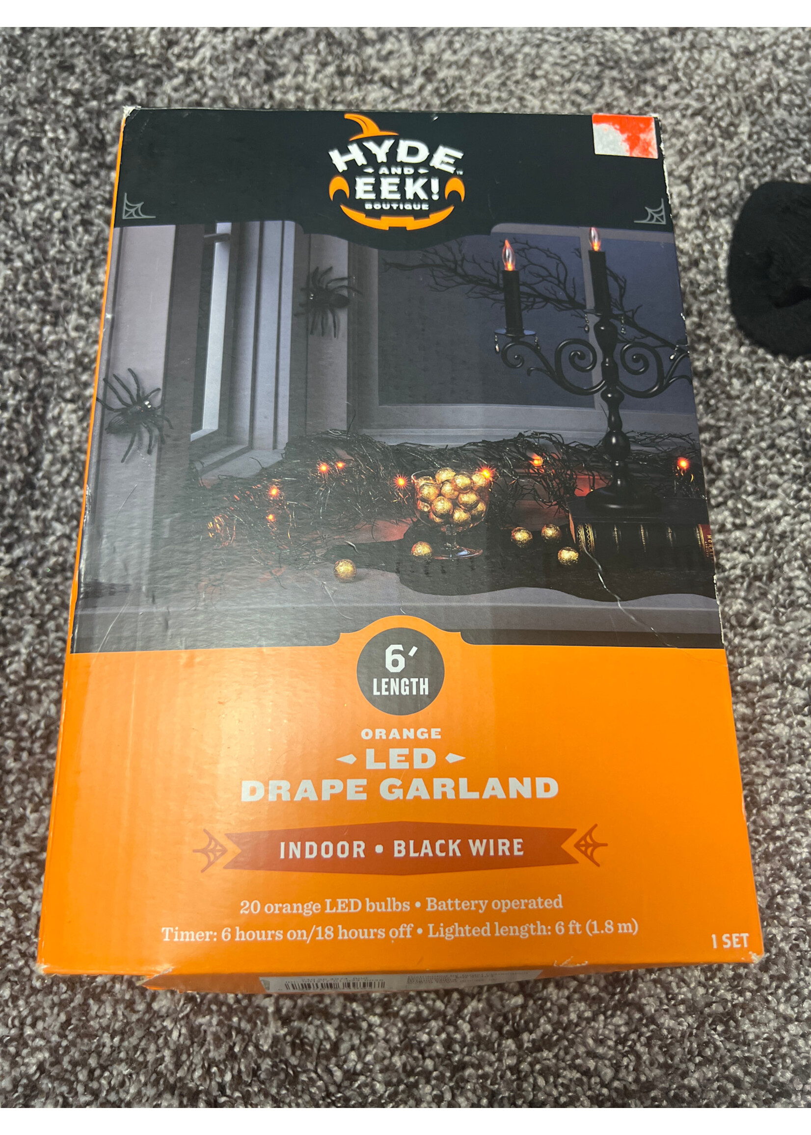 Hyde & EEK! 20ct Orange LED lights in shimmering black drape garland battery operated 6’
