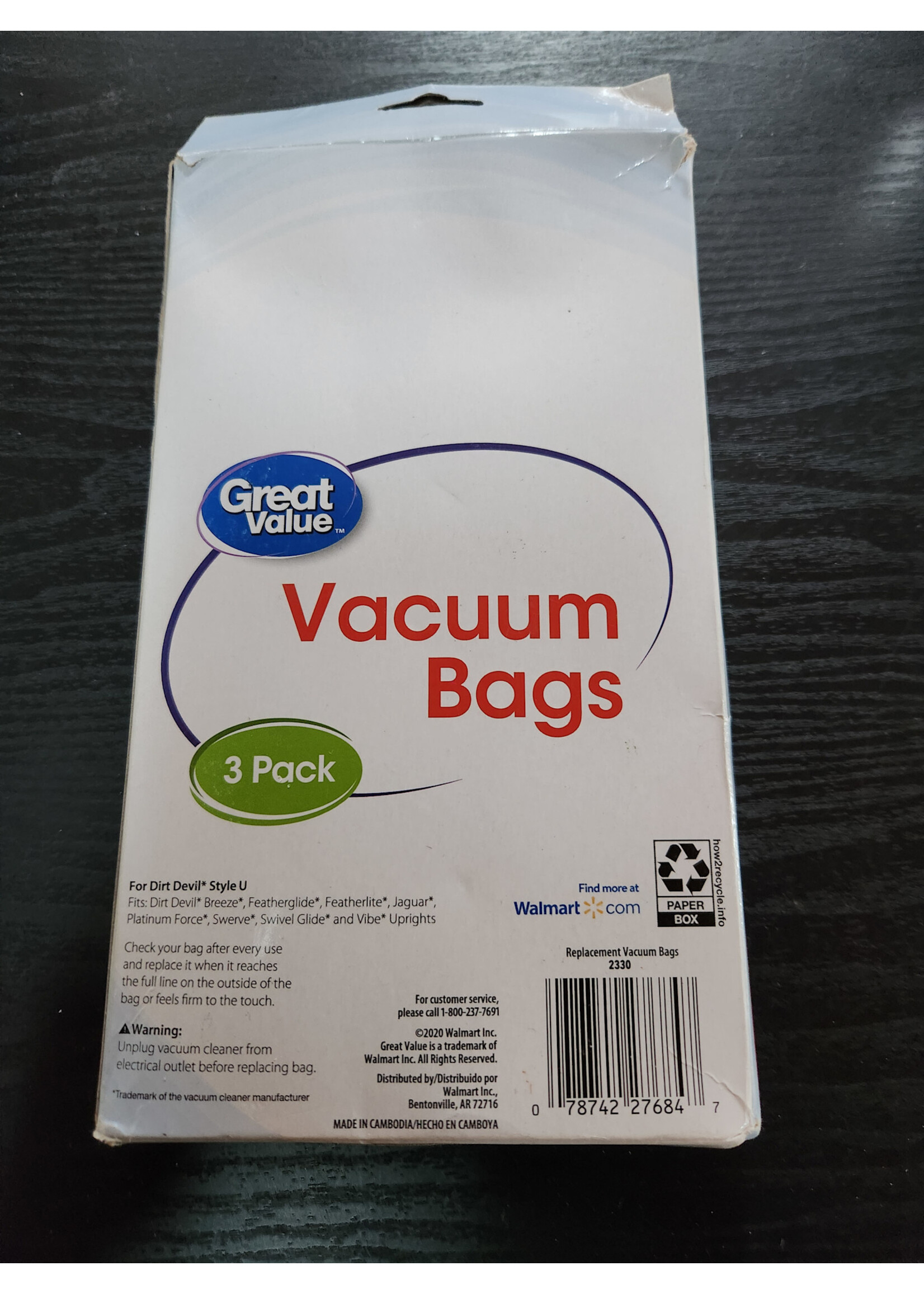Great Value Dirt Devil Style U Vacuum Bag, 3-Pack, 2330